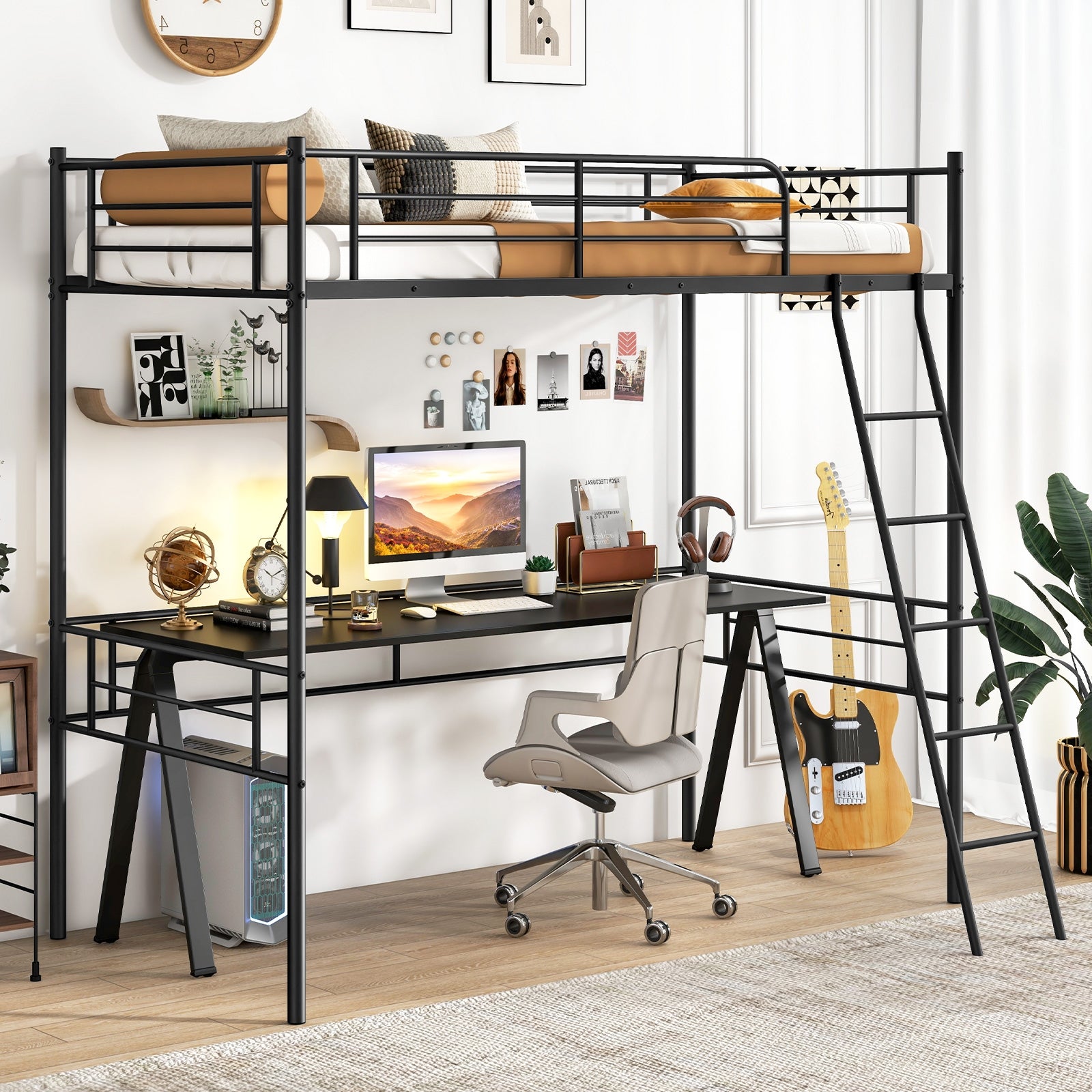 Twin Size Loft Bed Metal Bed Frame with Ladder and Guardrails, Black Bunk Bed Frame   at Gallery Canada