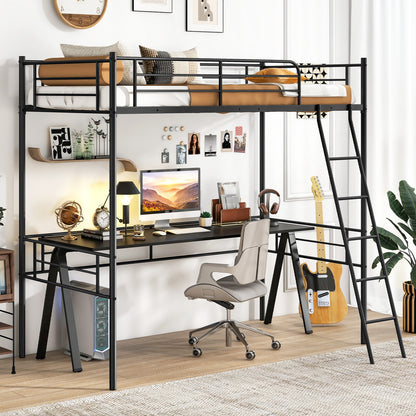 Twin Size Loft Bed Metal Bed Frame with Ladder and Guardrails, Black Bunk Bed Frame   at Gallery Canada