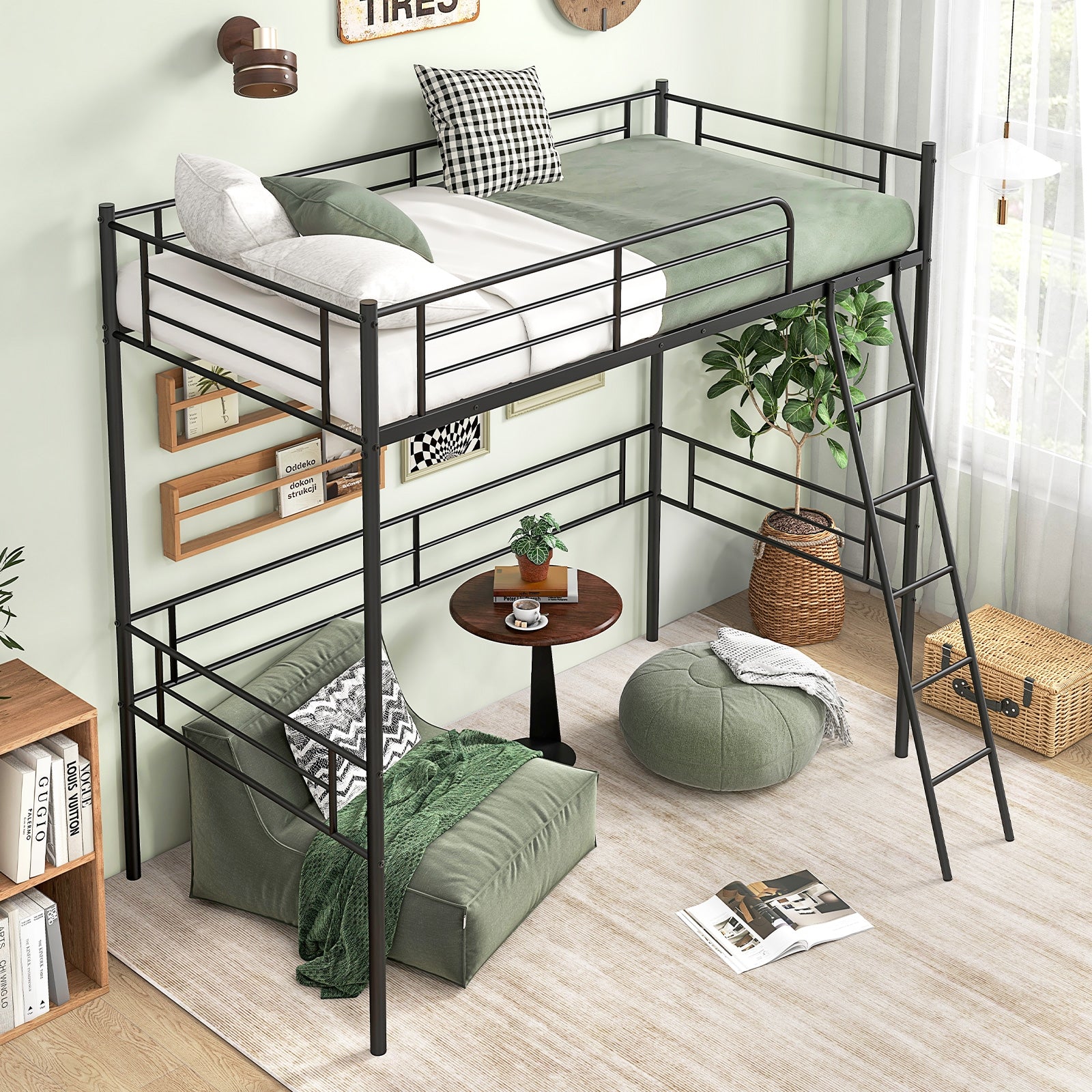 Twin Size Loft Bed Metal Bed Frame with Ladder and Guardrails, Black Bunk Bed Frame   at Gallery Canada