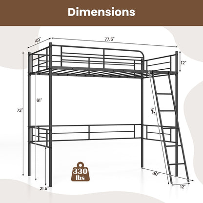 Twin Size Loft Bed Metal Bed Frame with Ladder and Guardrails, Black Bunk Bed Frame   at Gallery Canada