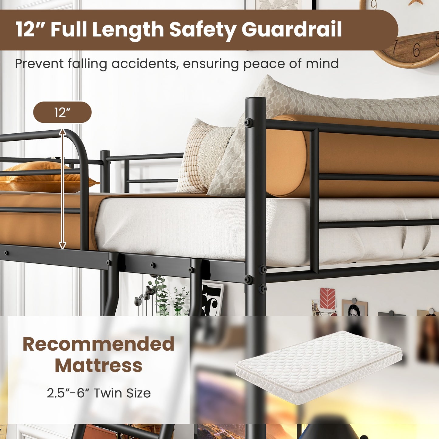 Twin Size Loft Bed Metal Bed Frame with Ladder and Guardrails, Black Bunk Bed Frame   at Gallery Canada