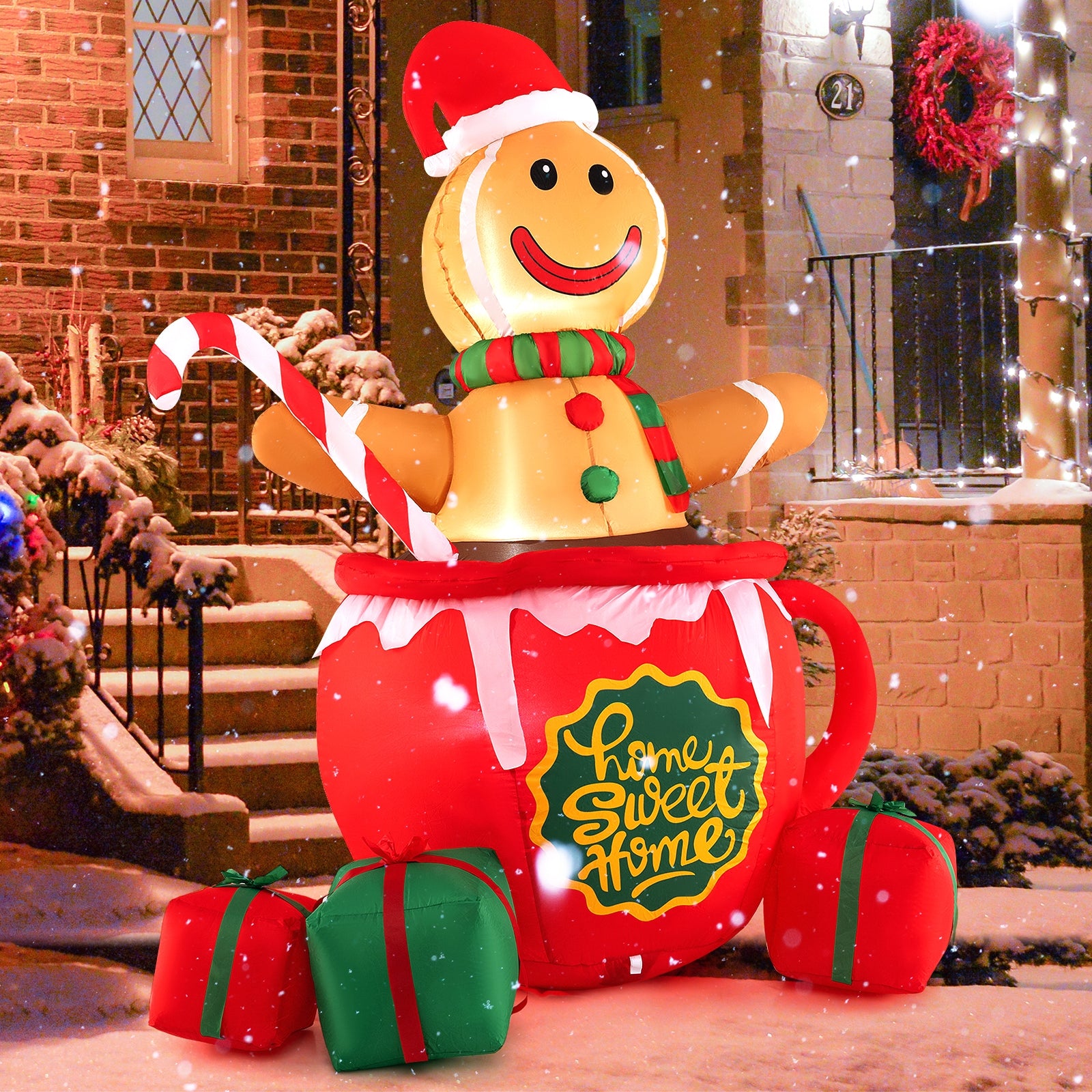 7 FT Inflatable Gingerbread Man in Hot Cocoa Mug with Built-in LED Lights and Gift Boxes, Color Christmas Inflatables   at Gallery Canada