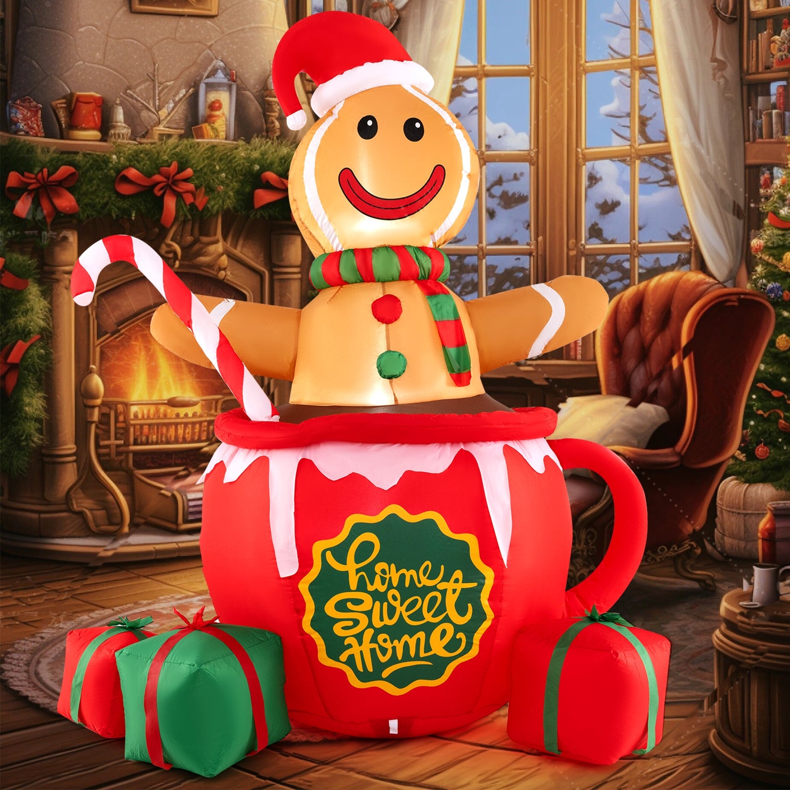 7 FT Inflatable Gingerbread Man in Hot Cocoa Mug with Built-in LED Lights and Gift Boxes, Color Christmas Inflatables   at Gallery Canada