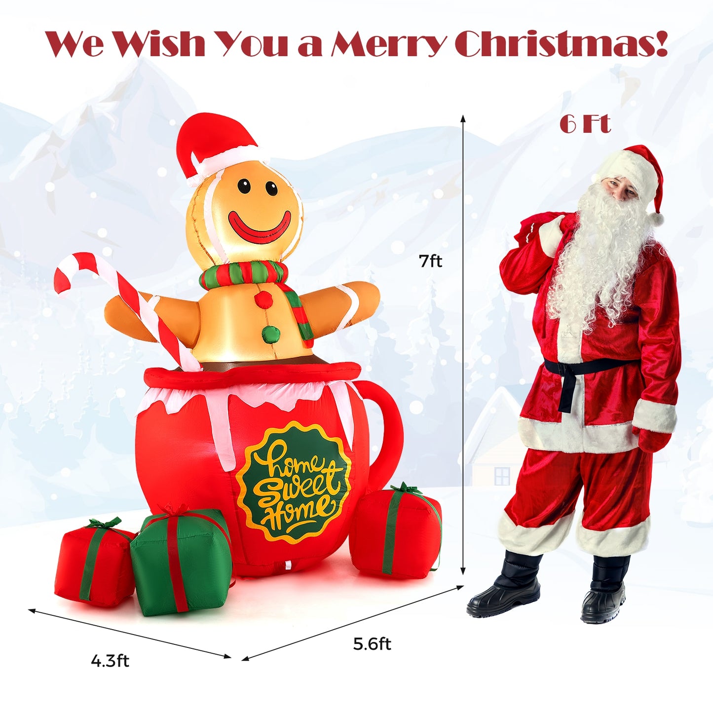 7 FT Inflatable Gingerbread Man in Hot Cocoa Mug with Built-in LED Lights and Gift Boxes, Color Christmas Inflatables   at Gallery Canada