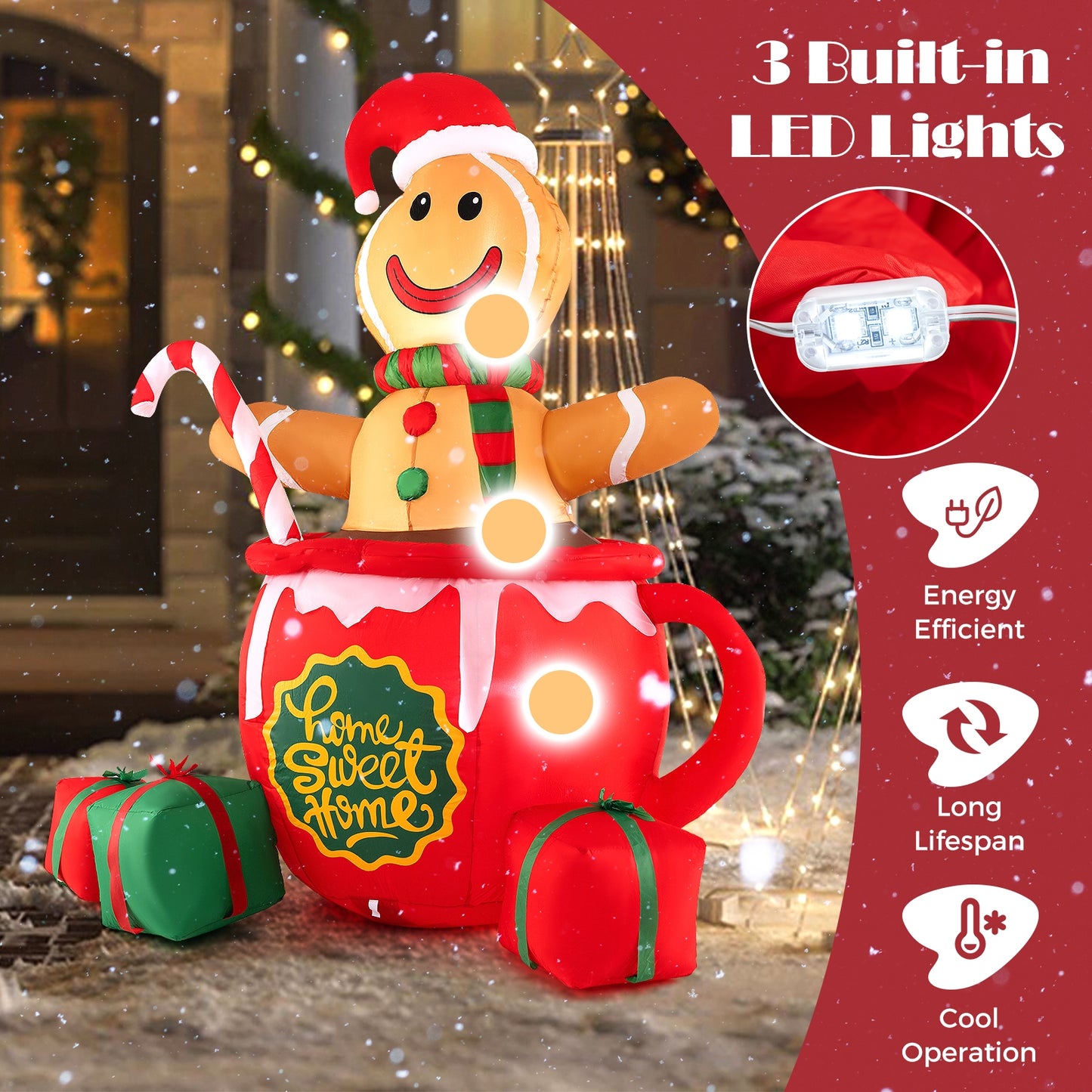 7 FT Inflatable Gingerbread Man in Hot Cocoa Mug with Built-in LED Lights and Gift Boxes, Color Christmas Inflatables   at Gallery Canada