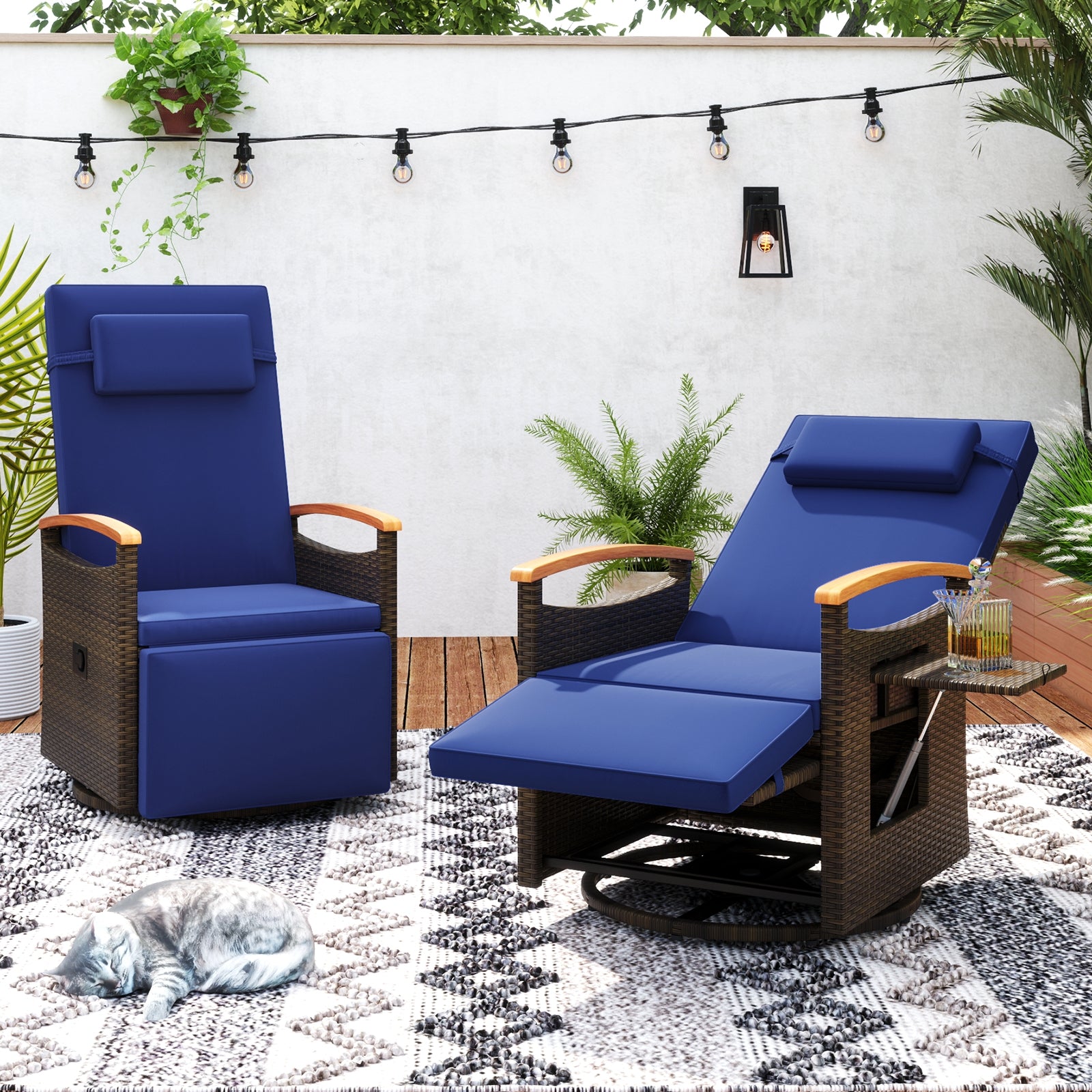 Patio Rattan 360° Swivel Recliner Chair with Adjustable Backrest and Footrest, Navy Recliners   at Gallery Canada