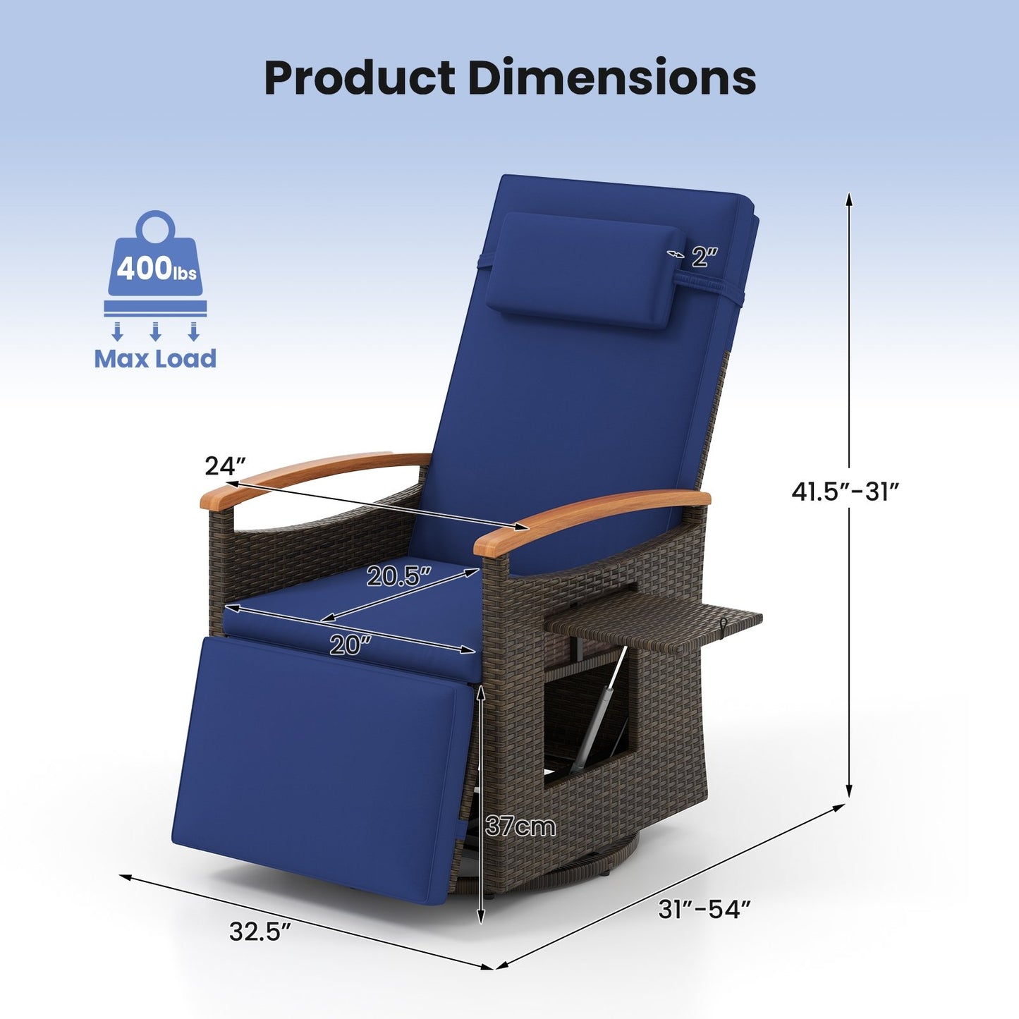 Patio Rattan 360° Swivel Recliner Chair with Adjustable Backrest and Footrest, Navy Recliners   at Gallery Canada