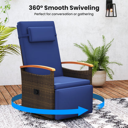 Patio Rattan 360° Swivel Recliner Chair with Adjustable Backrest and Footrest, Navy Recliners   at Gallery Canada