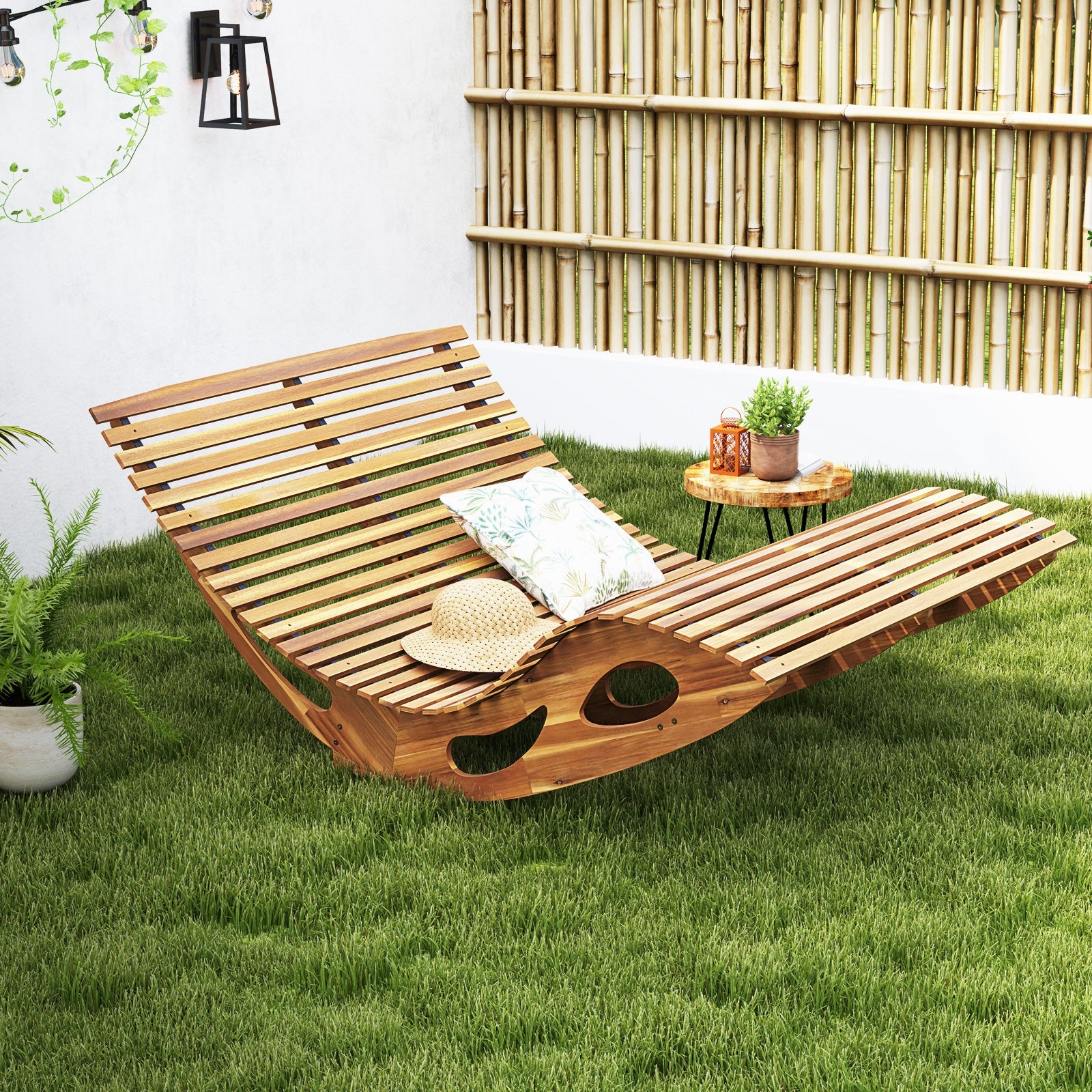 Slatted Acacia 2-Seat Patio Dual Rocker Sunbed Wood Lounger with Ergonomic Curved Seat, Natural Patio Rocking Chairs & Gliders   at Gallery Canada