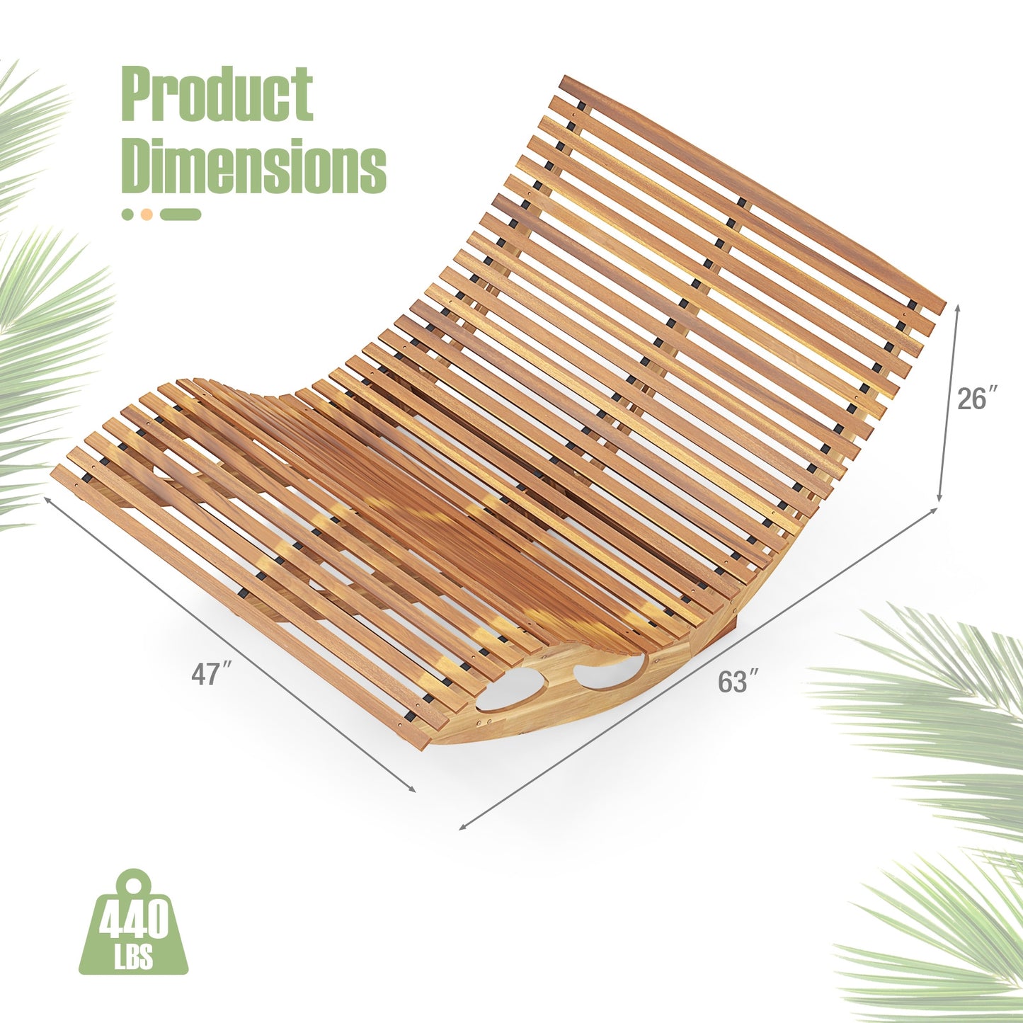 Slatted Acacia 2-Seat Patio Dual Rocker Sunbed Wood Lounger with Ergonomic Curved Seat, Natural Patio Rocking Chairs & Gliders   at Gallery Canada