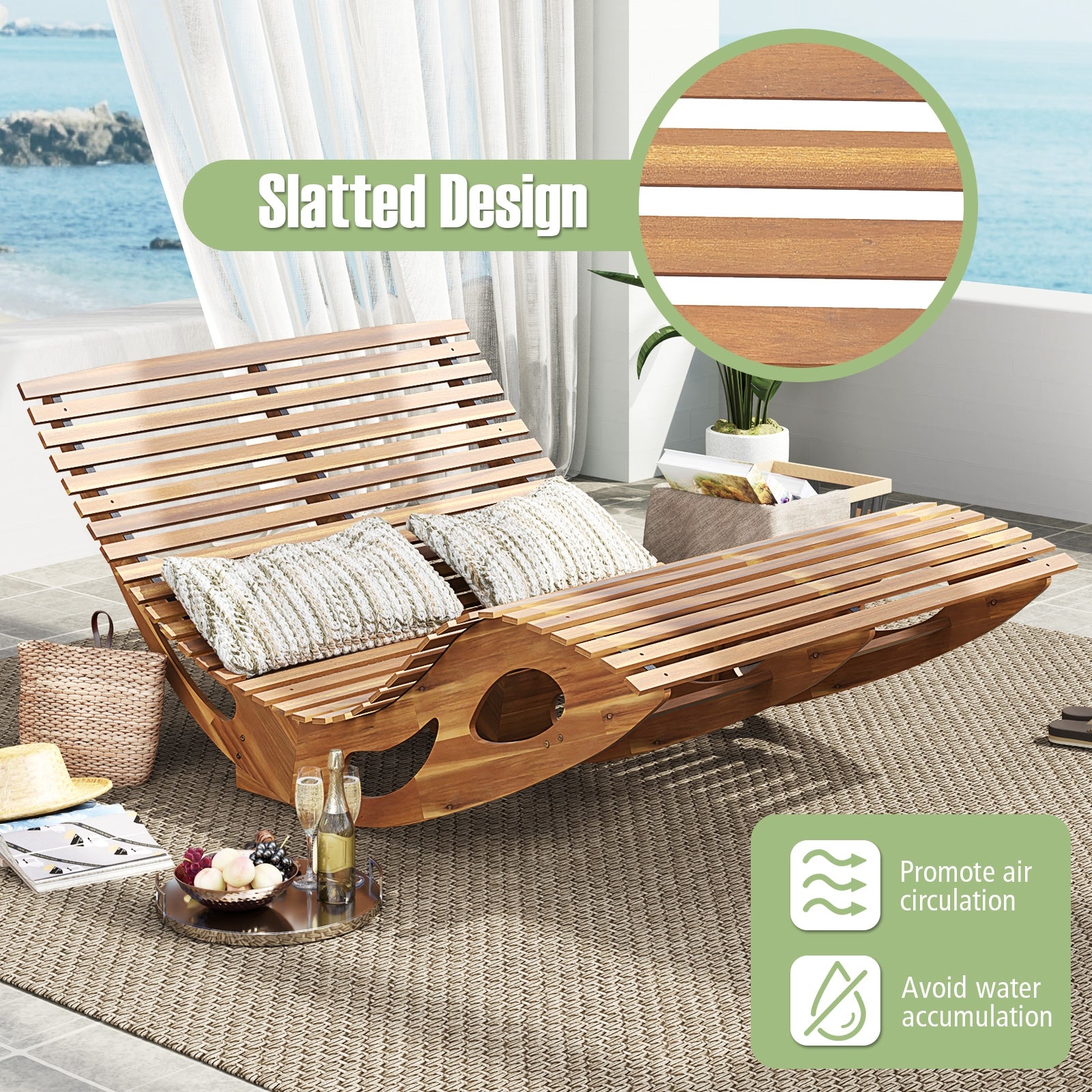 Slatted Acacia 2-Seat Patio Dual Rocker Sunbed Wood Lounger with Ergonomic Curved Seat, Natural Patio Rocking Chairs & Gliders   at Gallery Canada