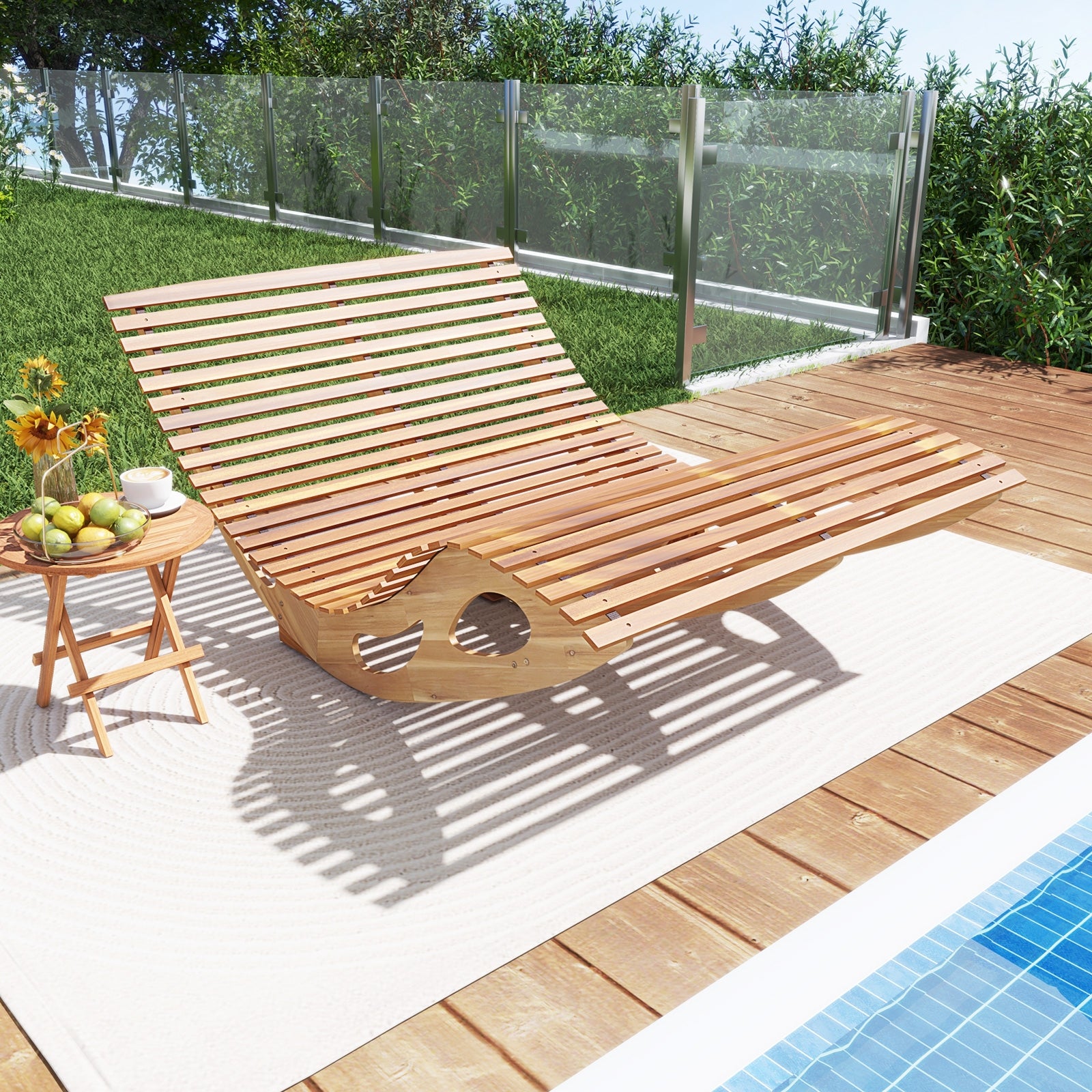 Slatted Acacia 2-Seat Patio Dual Rocker Sunbed Wood Lounger with Ergonomic Curved Seat, Natural Patio Rocking Chairs & Gliders   at Gallery Canada