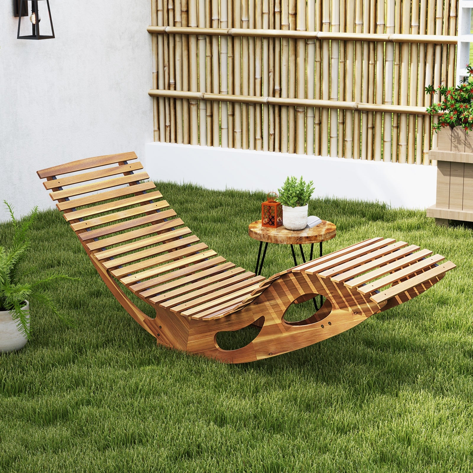 Acacia Wood Patio Rocking Sun Lounger Chaise Lounge with Ergonomic Curved Seat, Natural Patio Rocking Chairs & Gliders   at Gallery Canada