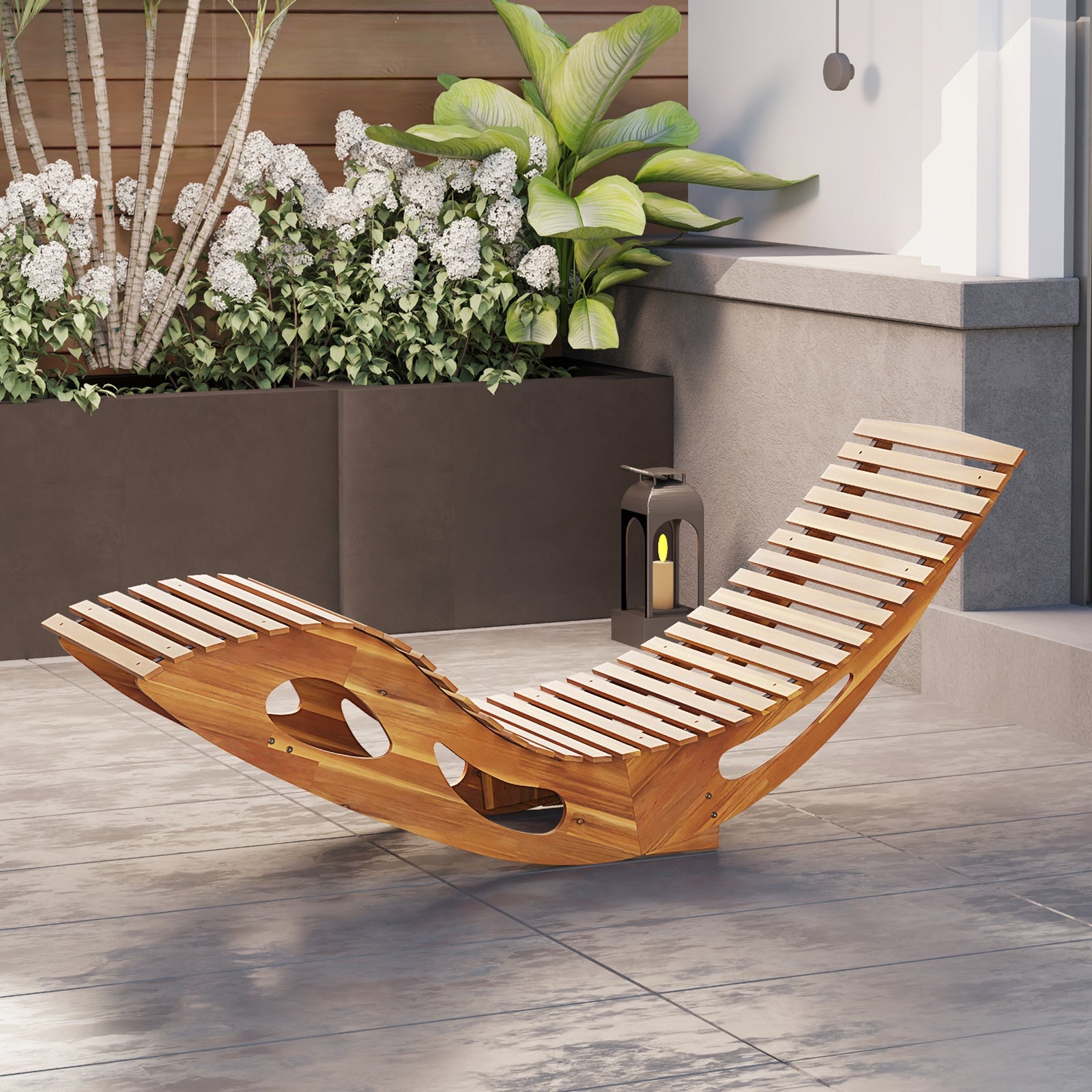 Acacia Wood Patio Rocking Sun Lounger Chaise Lounge with Ergonomic Curved Seat, Natural Patio Rocking Chairs & Gliders   at Gallery Canada