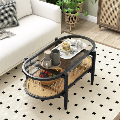 2-Tier Coffee Table with Tempered Glass Tabletop and Acacia Wood Frame, Black Coffee Tables   at Gallery Canada