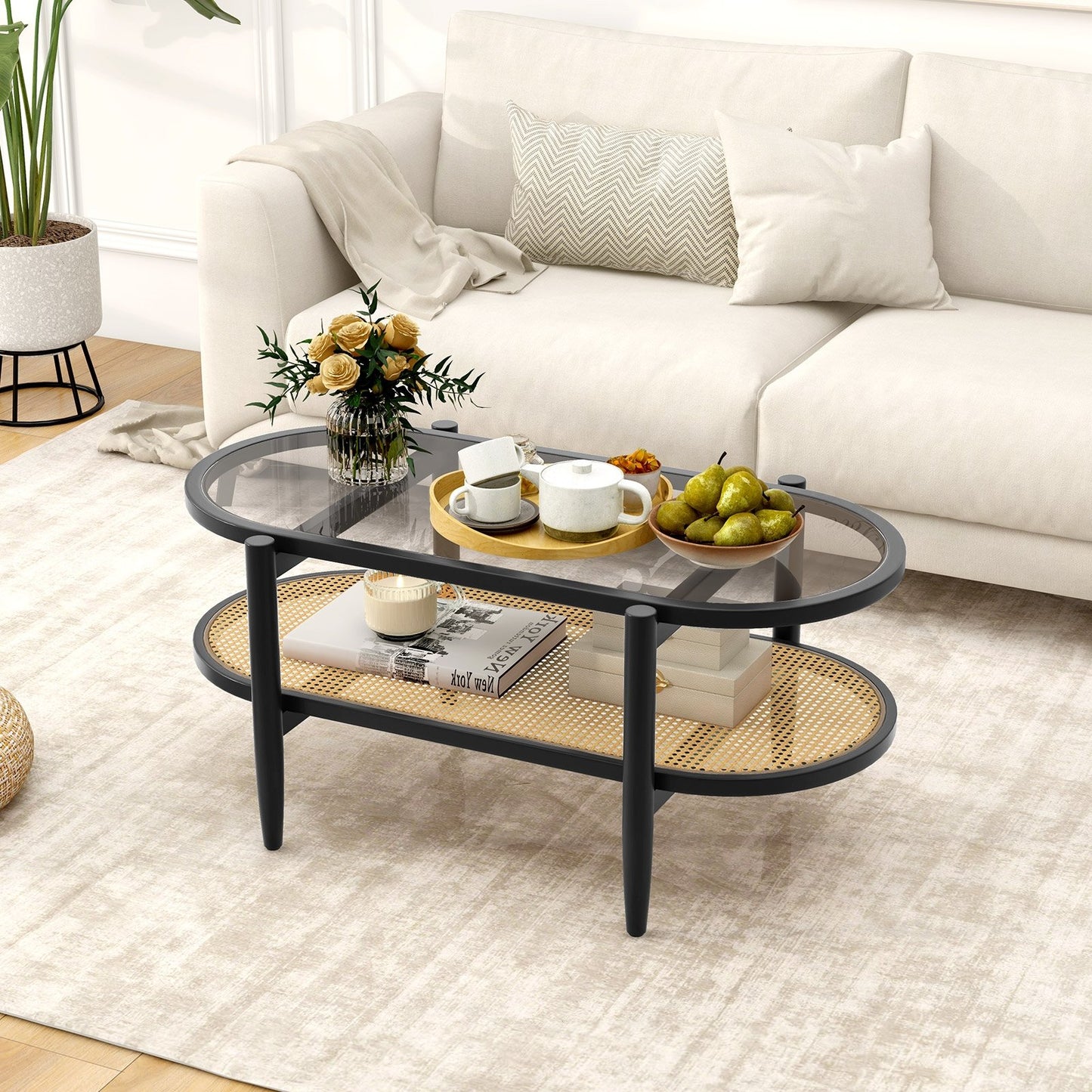 2-Tier Coffee Table with Tempered Glass Tabletop and Acacia Wood Frame, Black Coffee Tables   at Gallery Canada