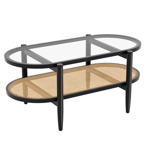 2-Tier Coffee Table with Tempered Glass Tabletop and Acacia Wood Frame, Black