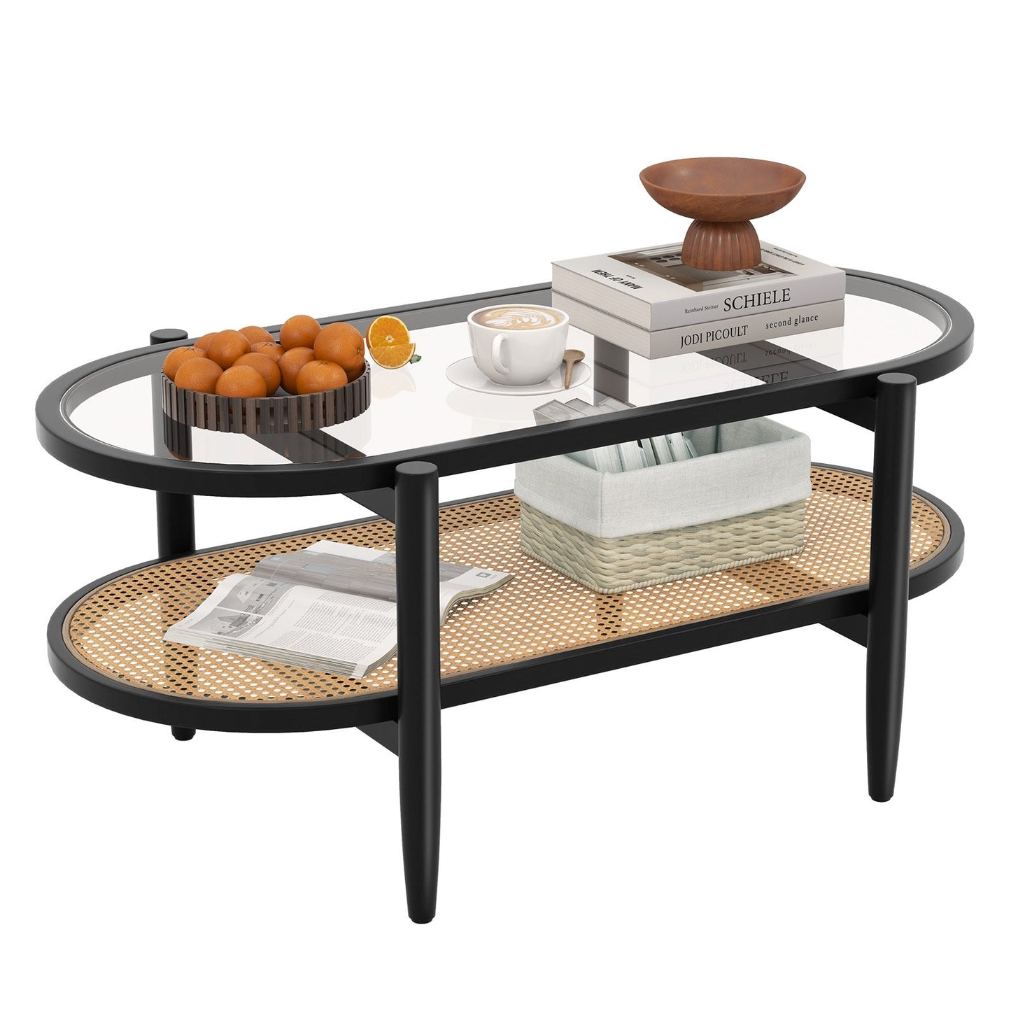 2-Tier Coffee Table with Tempered Glass Tabletop and Acacia Wood Frame, Black Coffee Tables   at Gallery Canada