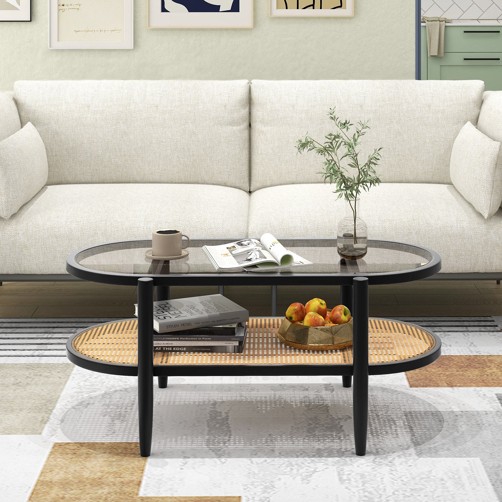 2-Tier Coffee Table with Tempered Glass Tabletop and Acacia Wood Frame, Black Coffee Tables   at Gallery Canada