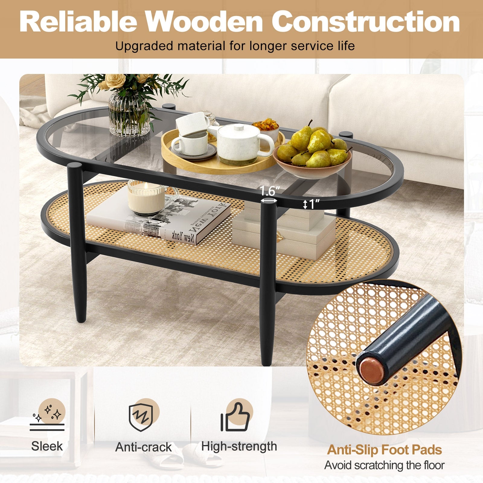 2-Tier Coffee Table with Tempered Glass Tabletop and Acacia Wood Frame, Black Coffee Tables   at Gallery Canada