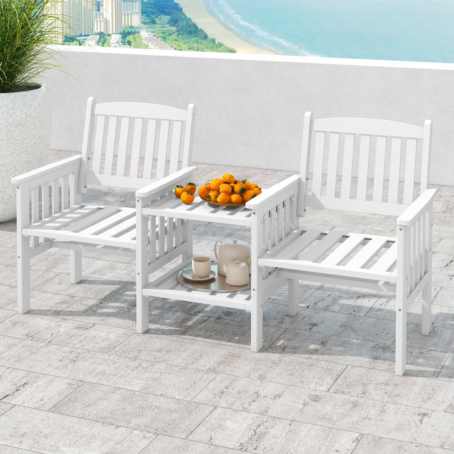 Outdoor Fir Wood Loveseat with 2-Tier Side Table and 1.96" Umbrella Hole, White Patio Conversation Sets   at Gallery Canada