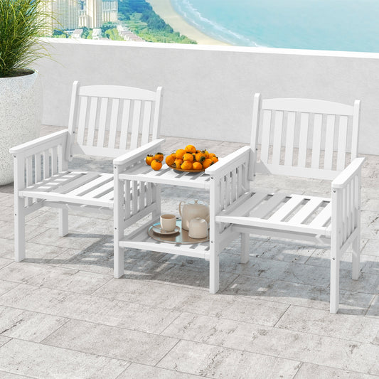 Outdoor Fir Wood Loveseat with 2-Tier Side Table and 1.96" Umbrella Hole, White Patio Conversation Sets White  at Gallery Canada