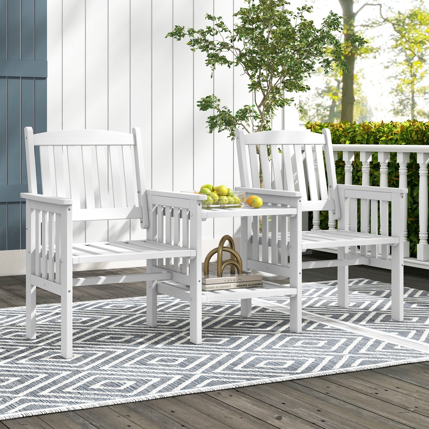 Outdoor Fir Wood Loveseat with 2-Tier Side Table and 1.96" Umbrella Hole, White Patio Conversation Sets   at Gallery Canada