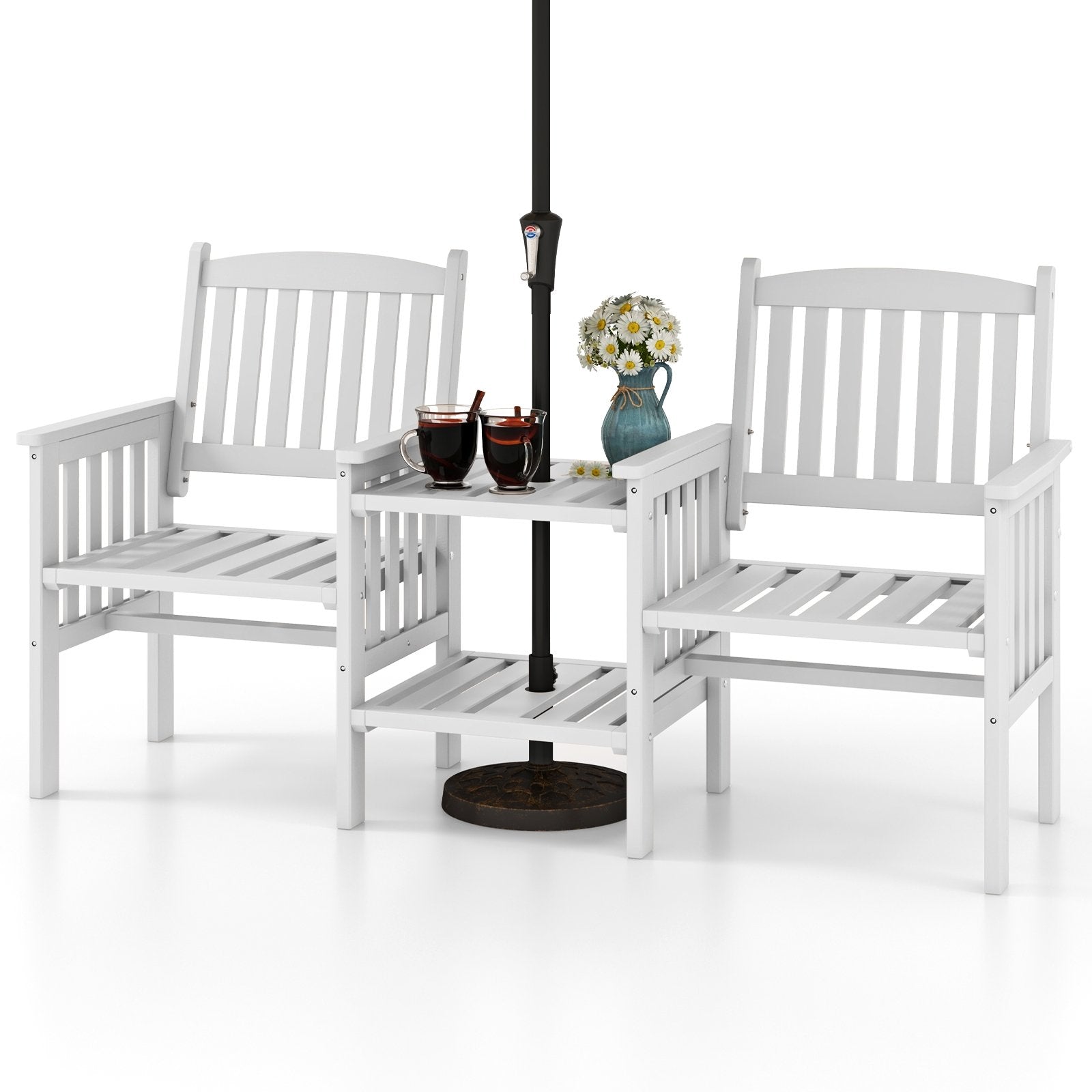 Outdoor Fir Wood Loveseat with 2-Tier Side Table and 1.96" Umbrella Hole, White Patio Conversation Sets   at Gallery Canada