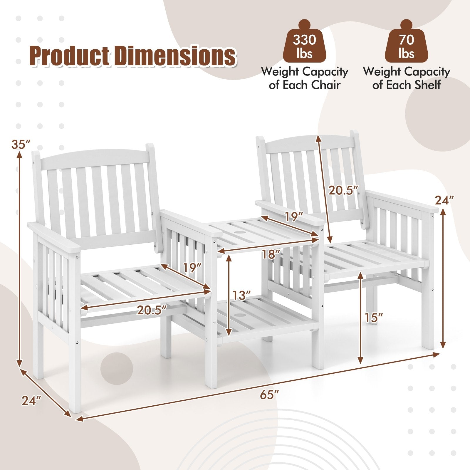 Outdoor Fir Wood Loveseat with 2-Tier Side Table and 1.96