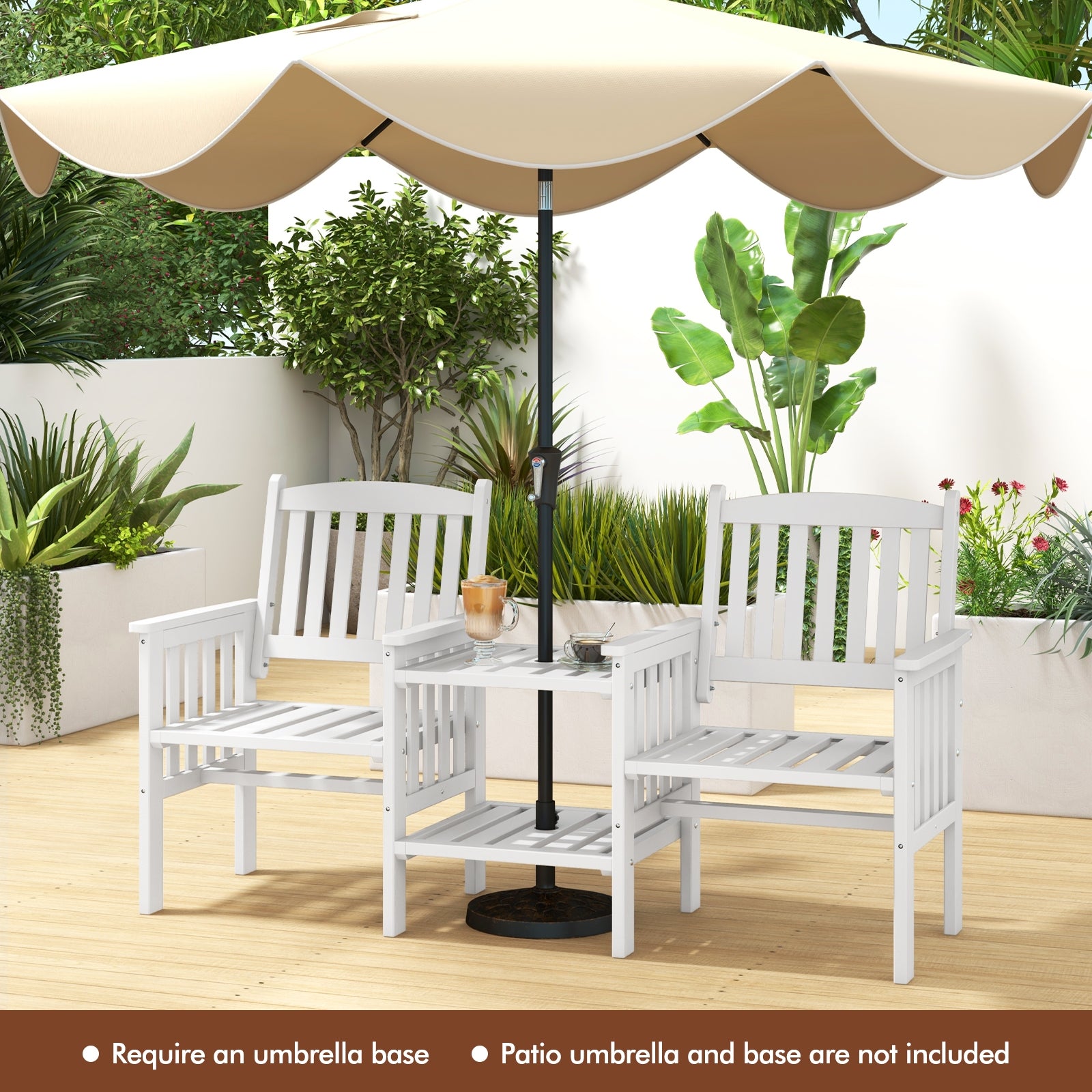 Outdoor Fir Wood Loveseat with 2-Tier Side Table and 1.96