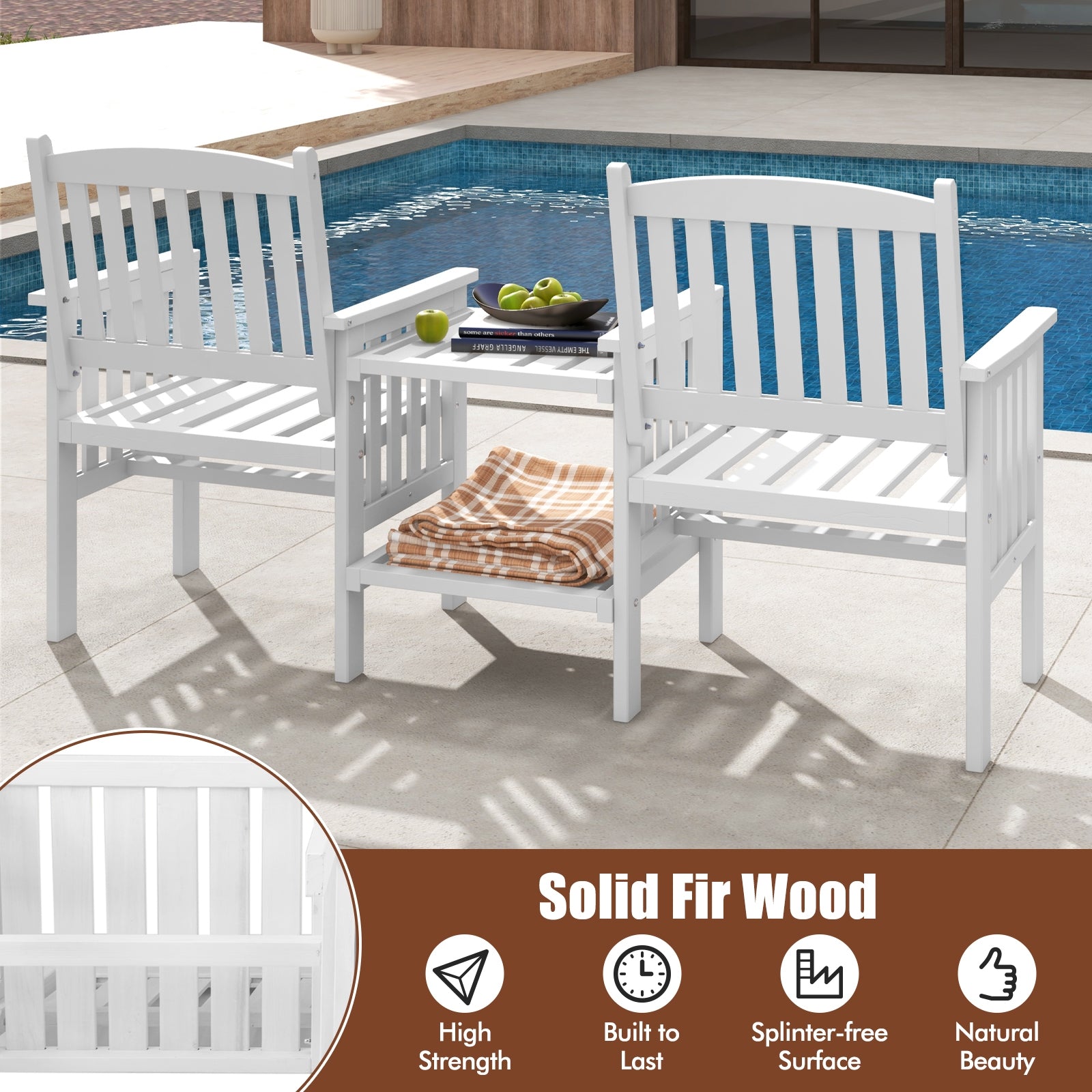 Outdoor Fir Wood Loveseat with 2-Tier Side Table and 1.96