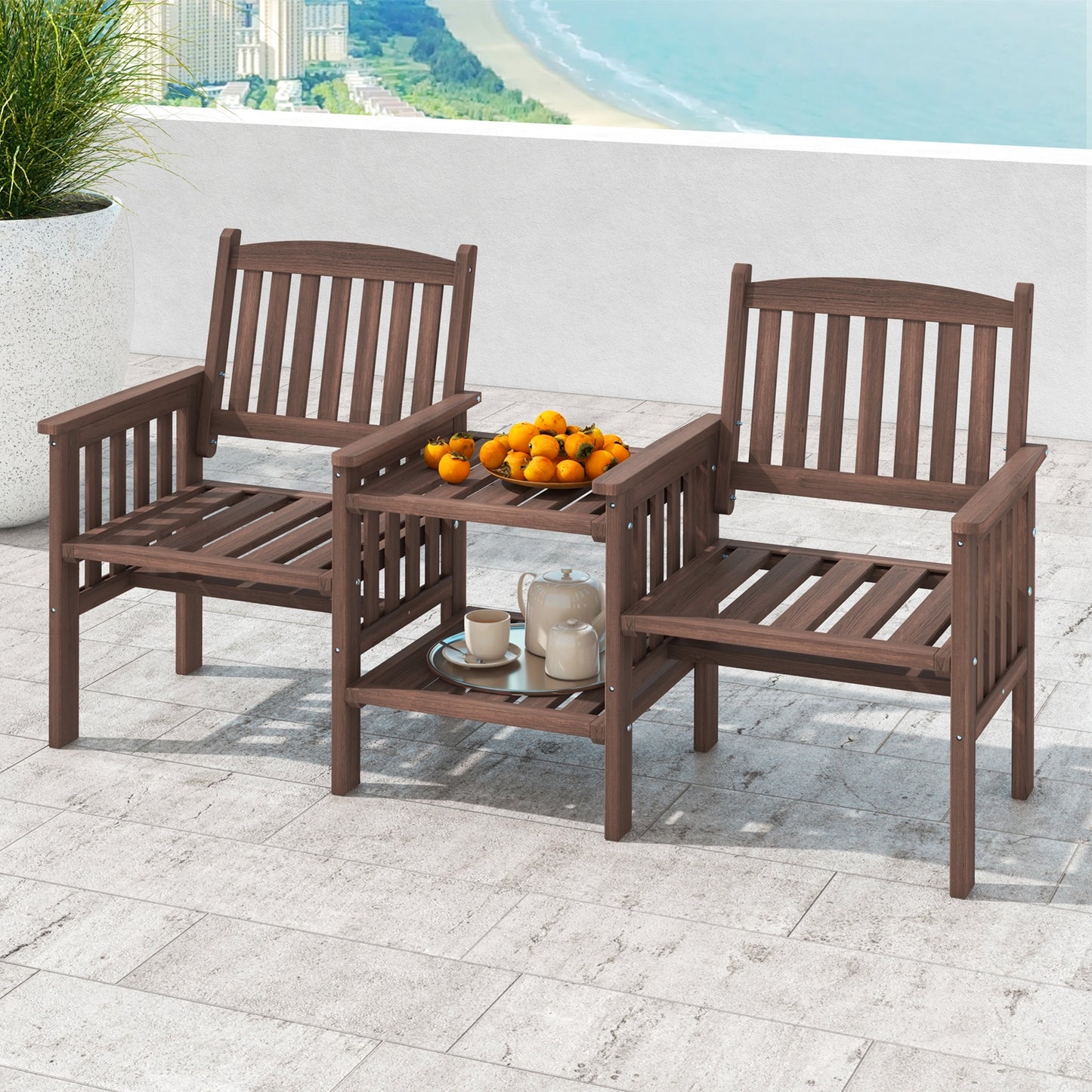 Outdoor Fir Wood Loveseat with 2-Tier Side Table and 1.96" Umbrella Hole, Coffee Patio Conversation Sets   at Gallery Canada