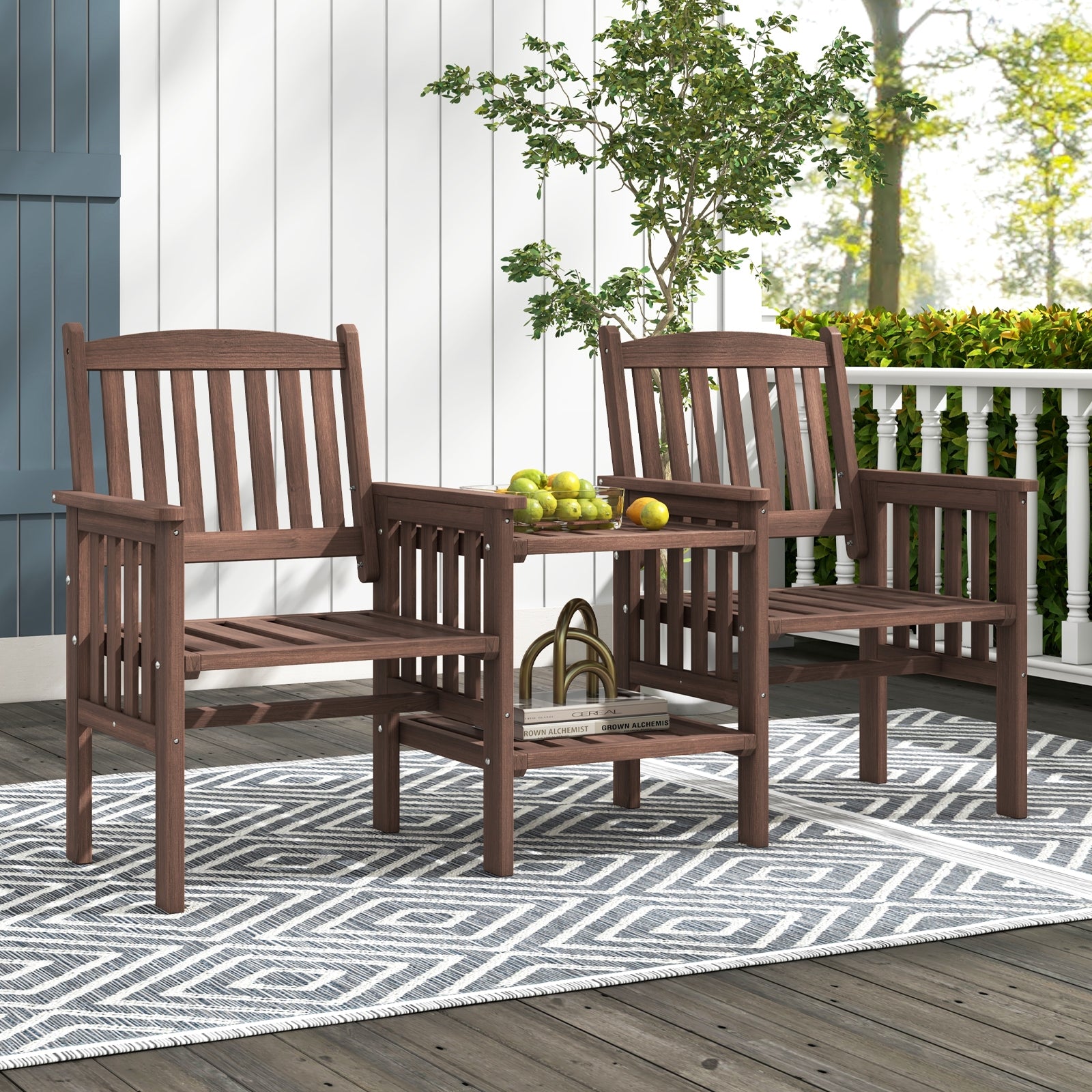 Outdoor Fir Wood Loveseat with 2-Tier Side Table and 1.96