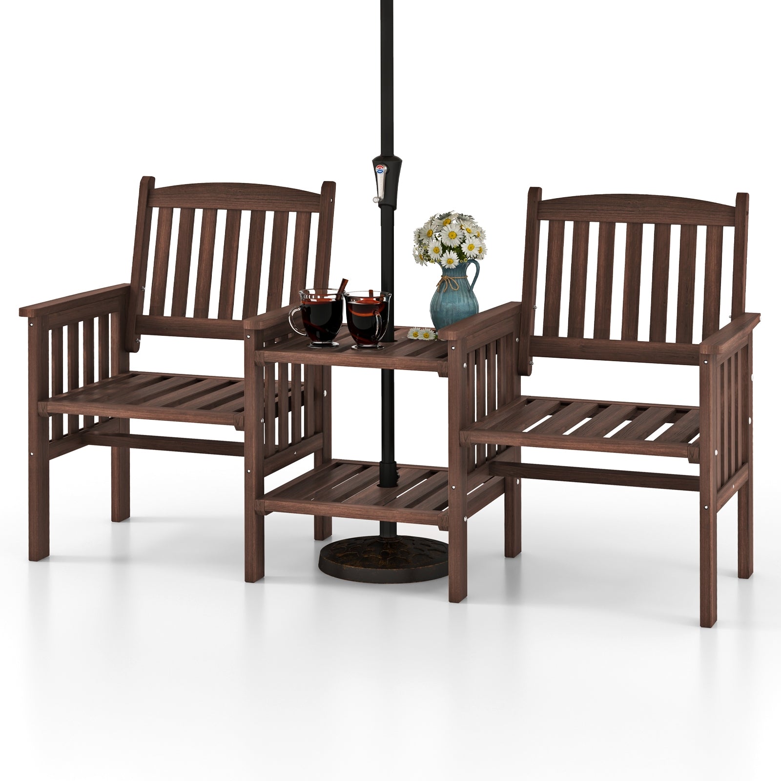 Outdoor Fir Wood Loveseat with 2-Tier Side Table and 1.96