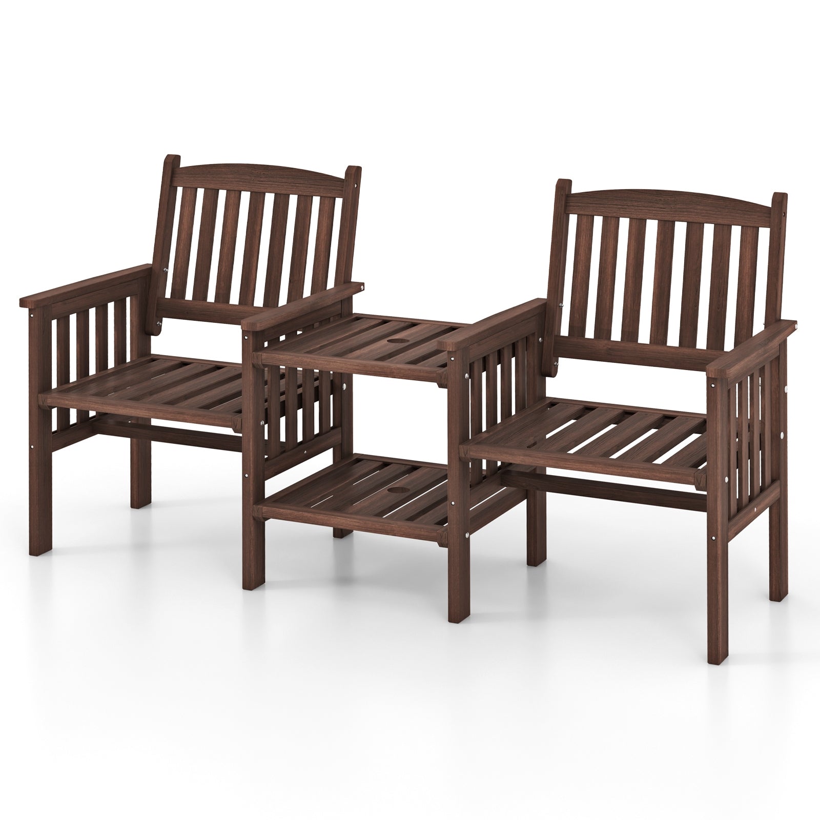 Outdoor Fir Wood Loveseat with 2-Tier Side Table and 1.96