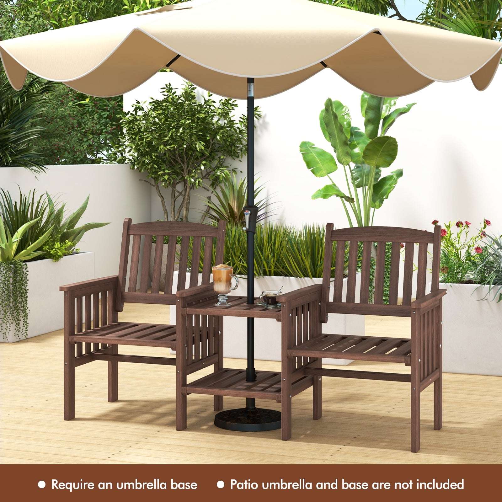 Outdoor Fir Wood Loveseat with 2-Tier Side Table and 1.96