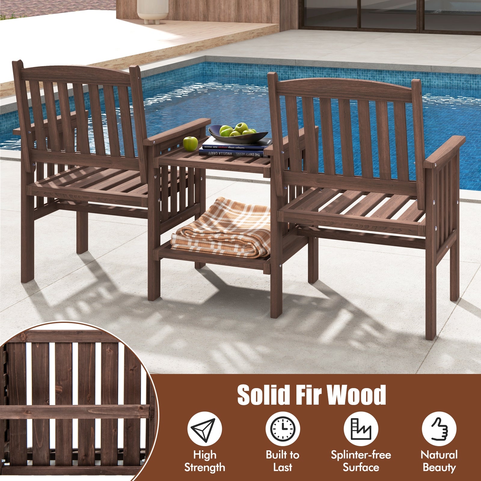 Outdoor Fir Wood Loveseat with 2-Tier Side Table and 1.96