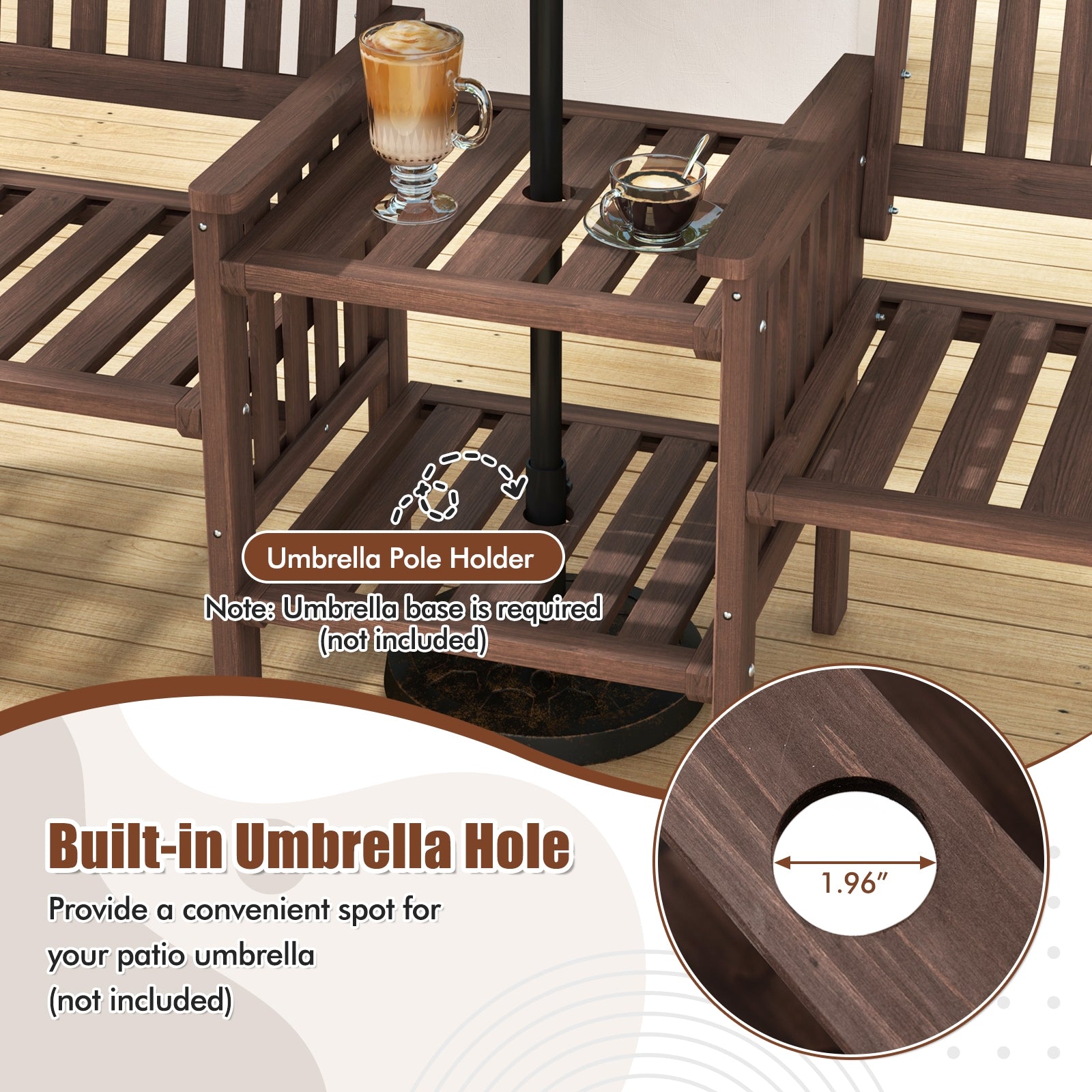 Outdoor Fir Wood Loveseat with 2-Tier Side Table and 1.96" Umbrella Hole, Coffee Patio Conversation Sets   at Gallery Canada