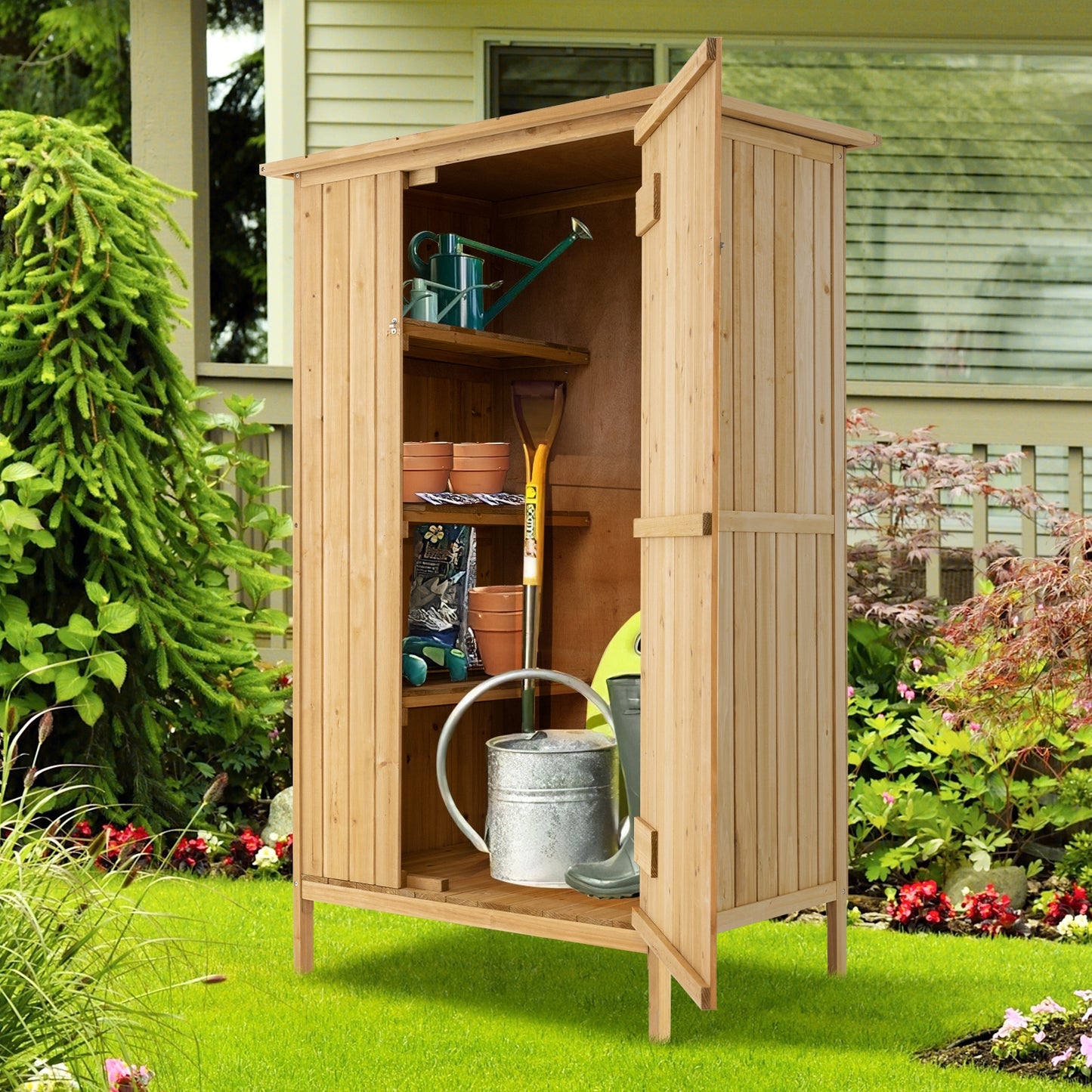 5 × 3 Feet Outdoor Storage Cabinet with Asphalt Roof and 3 Shelves, Natural Sheds & Outdoor Storage   at Gallery Canada