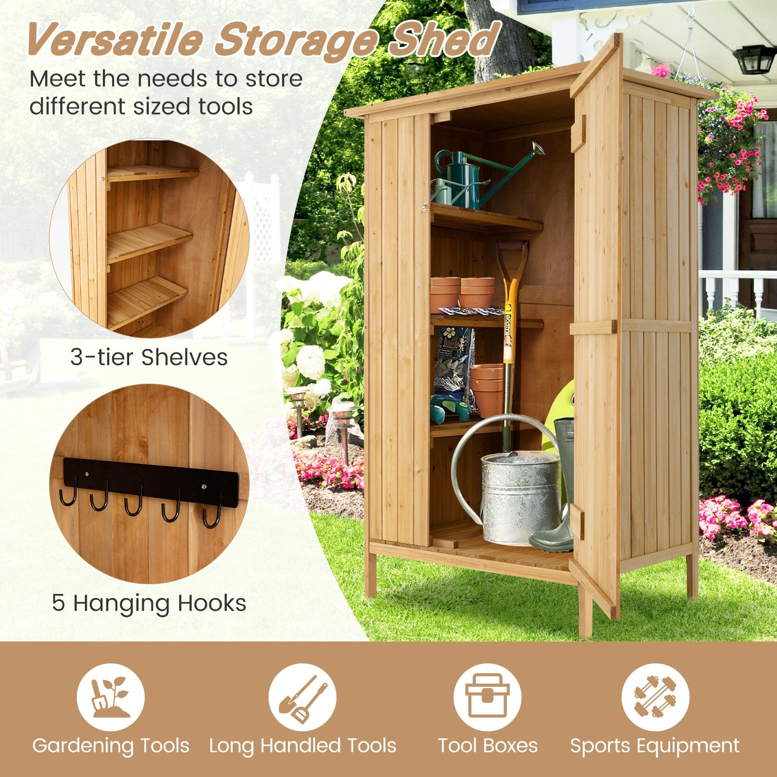 5 × 3 Feet Outdoor Storage Cabinet with Asphalt Roof and 3 Shelves, Natural Sheds & Outdoor Storage   at Gallery Canada