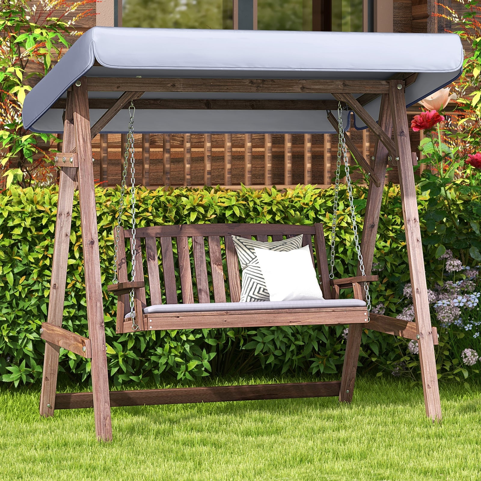 2-Person Porch Swing with Fir Wood Stand and Tilt Canopy, Brown Porch Swings   at Gallery Canada