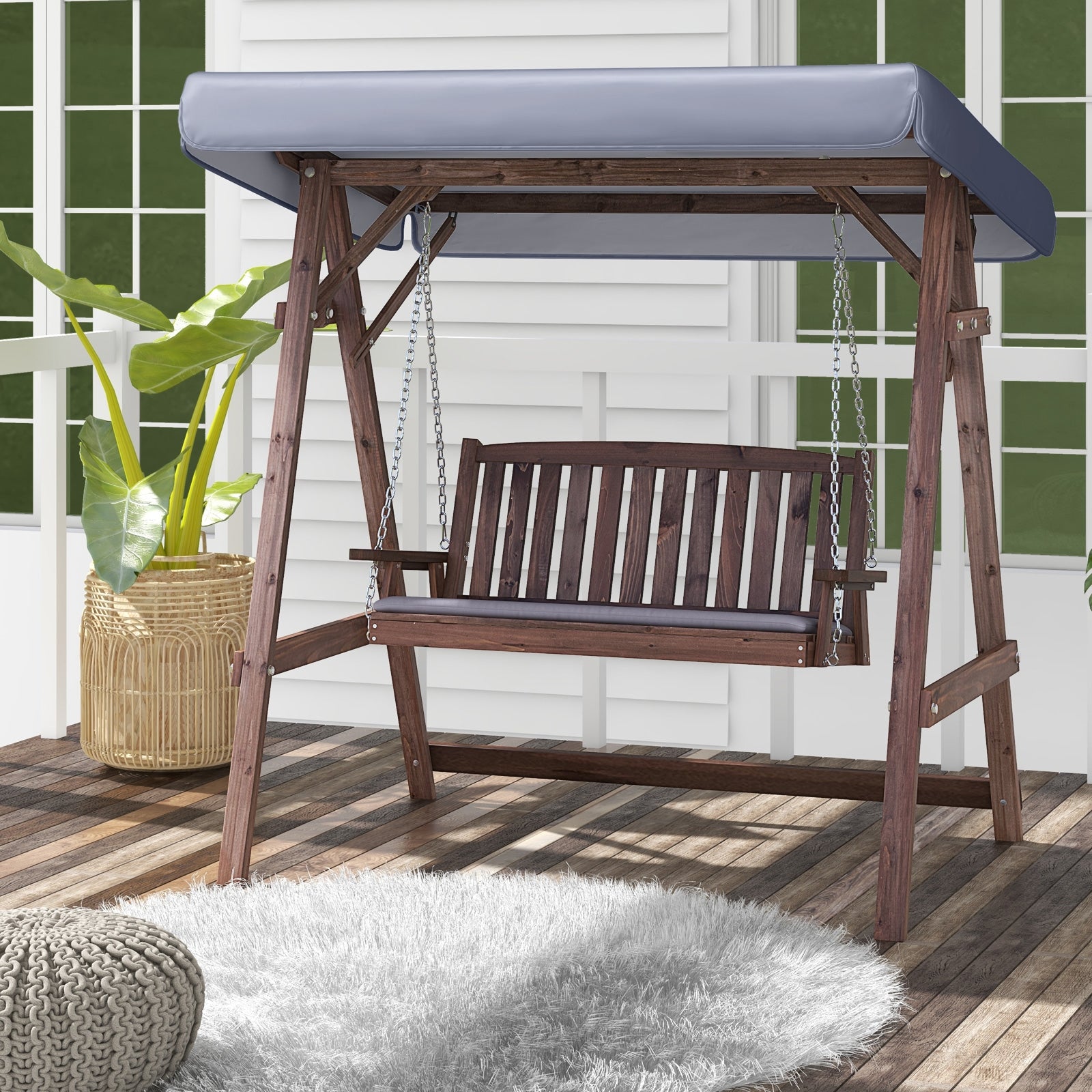 2-Person Porch Swing with Fir Wood Stand and Tilt Canopy, Brown Porch Swings   at Gallery Canada