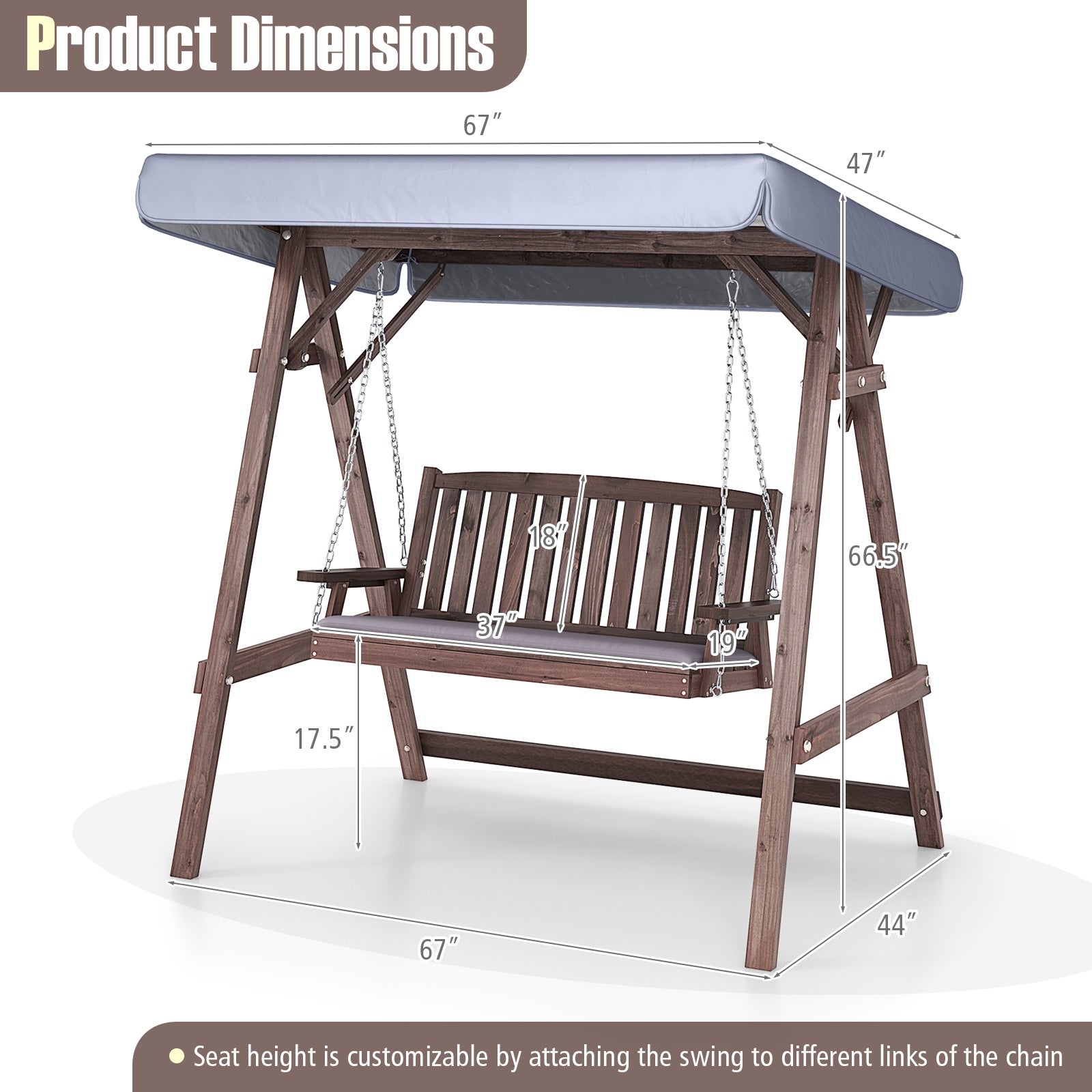 2-Person Porch Swing with Fir Wood Stand and Tilt Canopy, Brown Porch Swings   at Gallery Canada