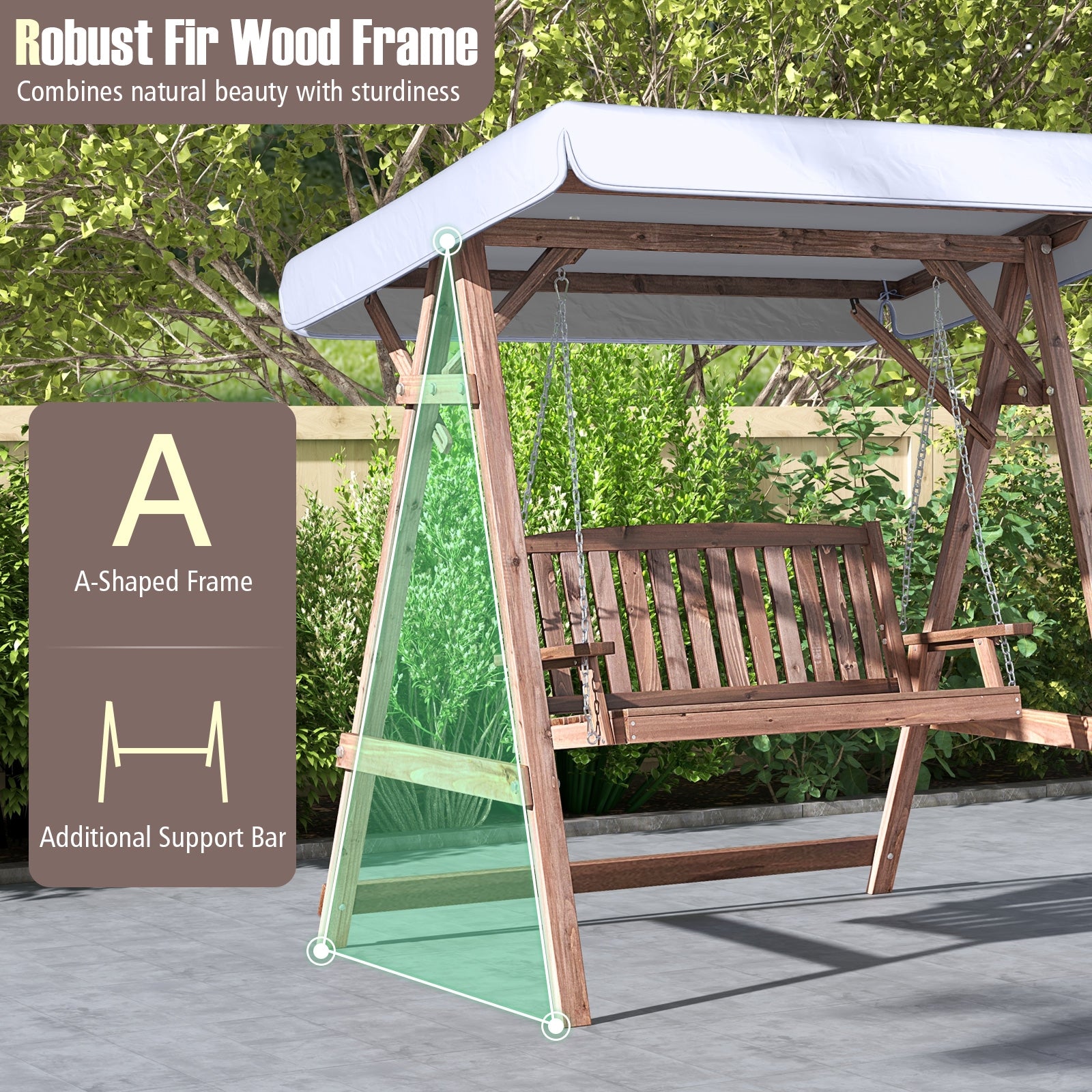 2-Person Porch Swing with Fir Wood Stand and Tilt Canopy, Brown Porch Swings   at Gallery Canada