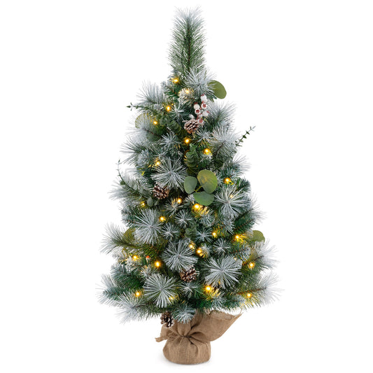 3 FT Pre-Lit Artificial Mini Christmas Tree with 98 Flocked PVC and Pine Needles, Green Christmas Green  at Gallery Canada