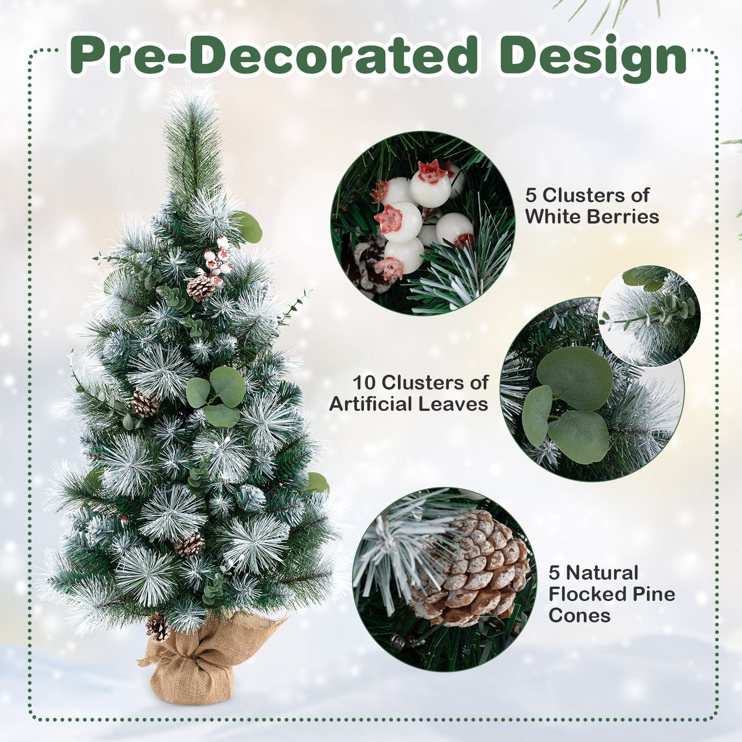 3 FT Pre-Lit Artificial Mini Christmas Tree with 98 Flocked PVC and Pine Needles, Green Christmas   at Gallery Canada