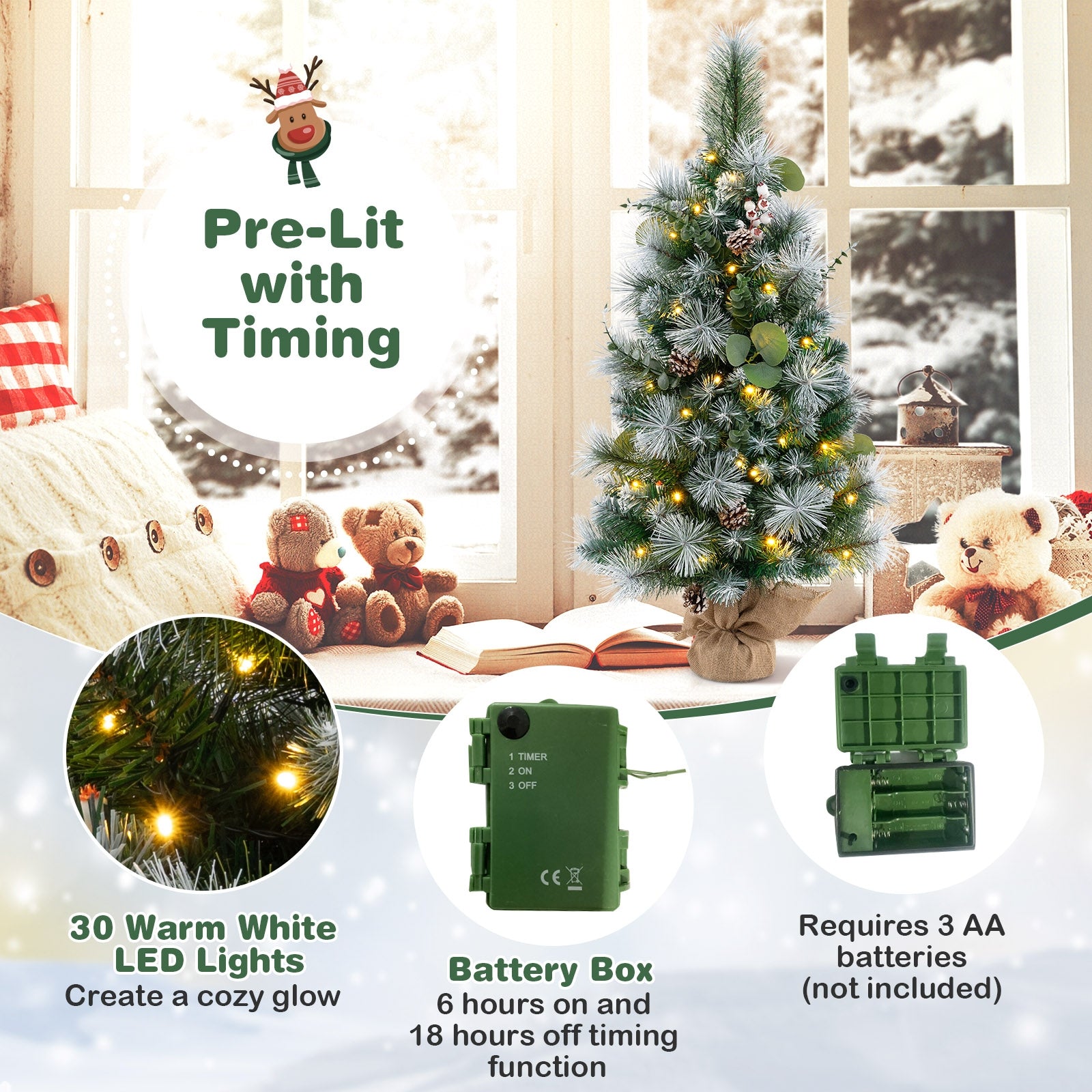 3 FT Pre-Lit Artificial Mini Christmas Tree with 98 Flocked PVC and Pine Needles, Green Christmas   at Gallery Canada