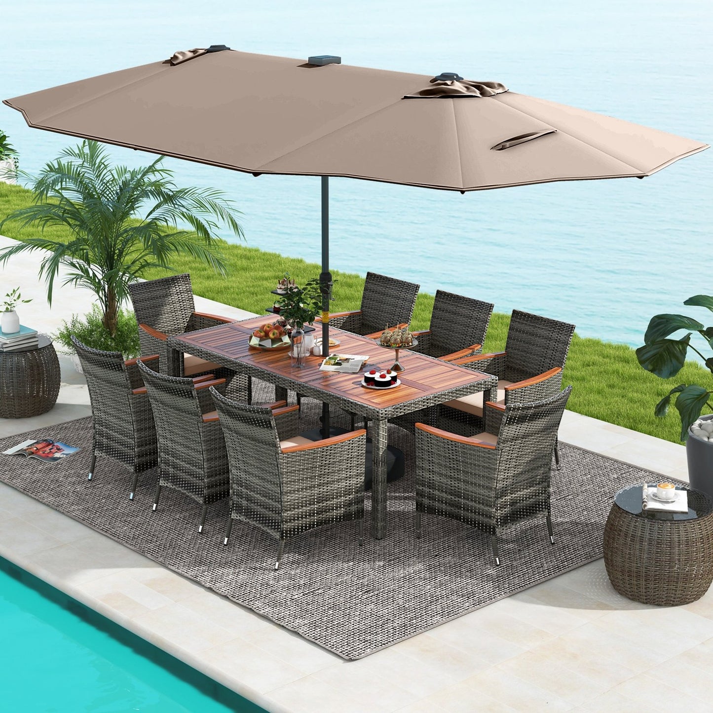 11 Pieces Patio Dining Set with 15 Feet Double-Sided Patio Umbrella Base Included, Tan Patio Dining Sets   at Gallery Canada