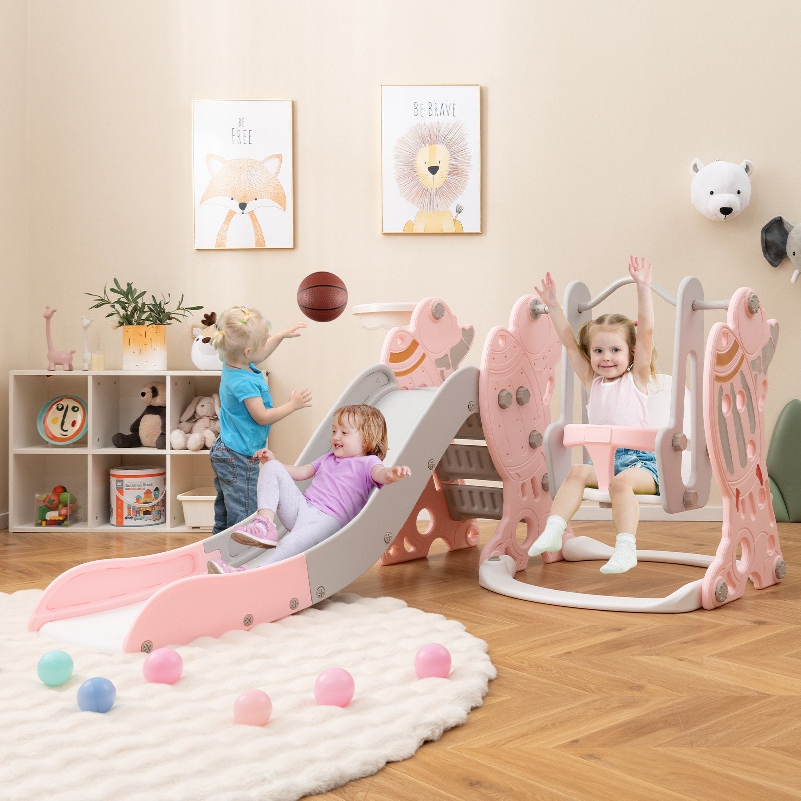 4-in-1 Kids Slide and Swing Set with Basketball Hoop, Pink Climbers & Slides   at Gallery Canada