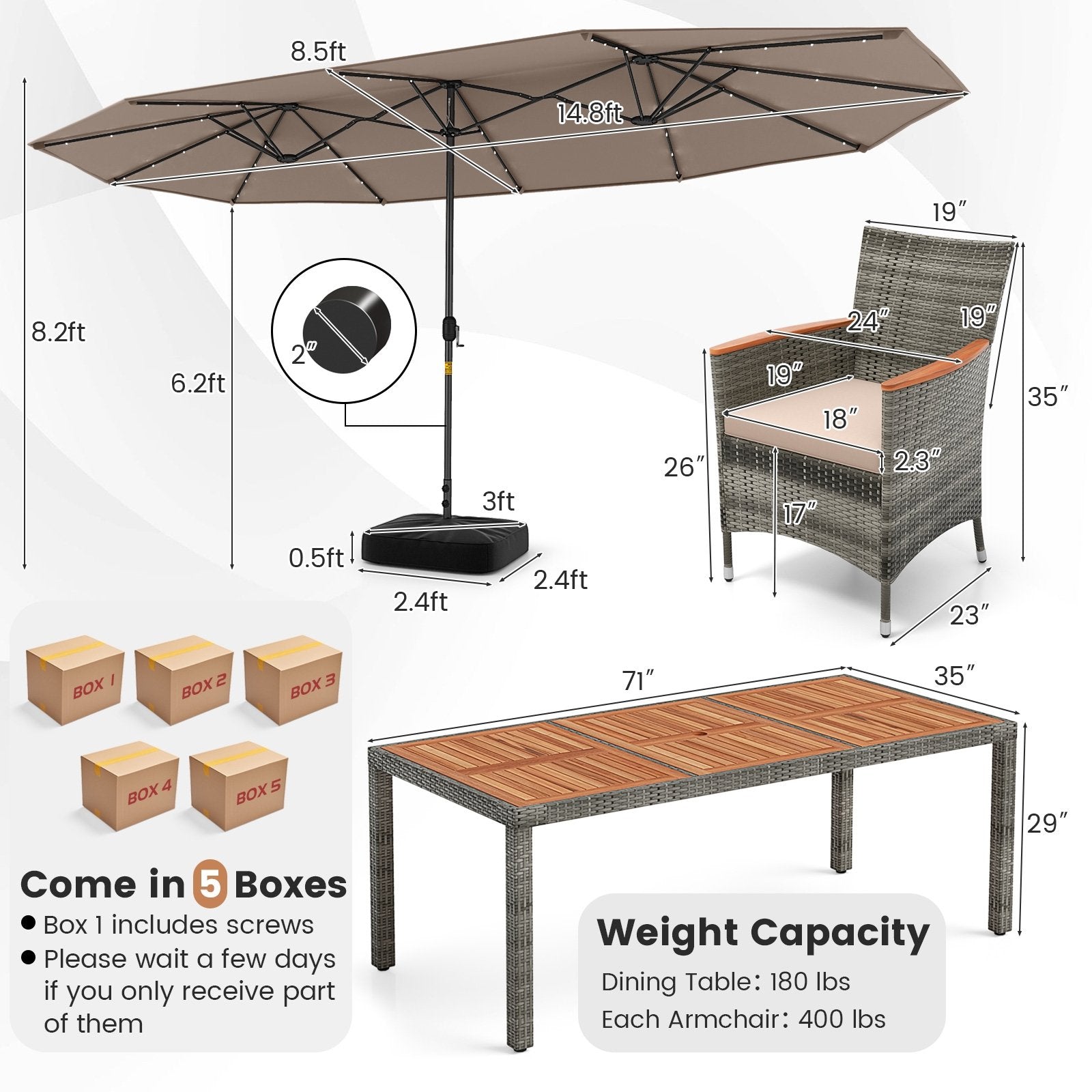 11 Pieces Patio Dining Set with 15 Feet Double-Sided Patio Umbrella Base Included, Tan Patio Dining Sets   at Gallery Canada